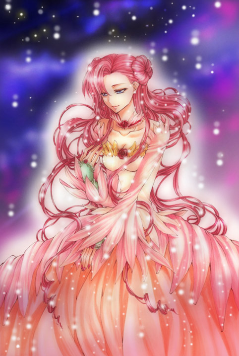 ama nocchi, euphemia li britannia, code geass, bad id, bad pixiv id, 00s, 1girl, donut hair bun, dress, female focus, gradient background, hair bun, long hair, pink hair, solo