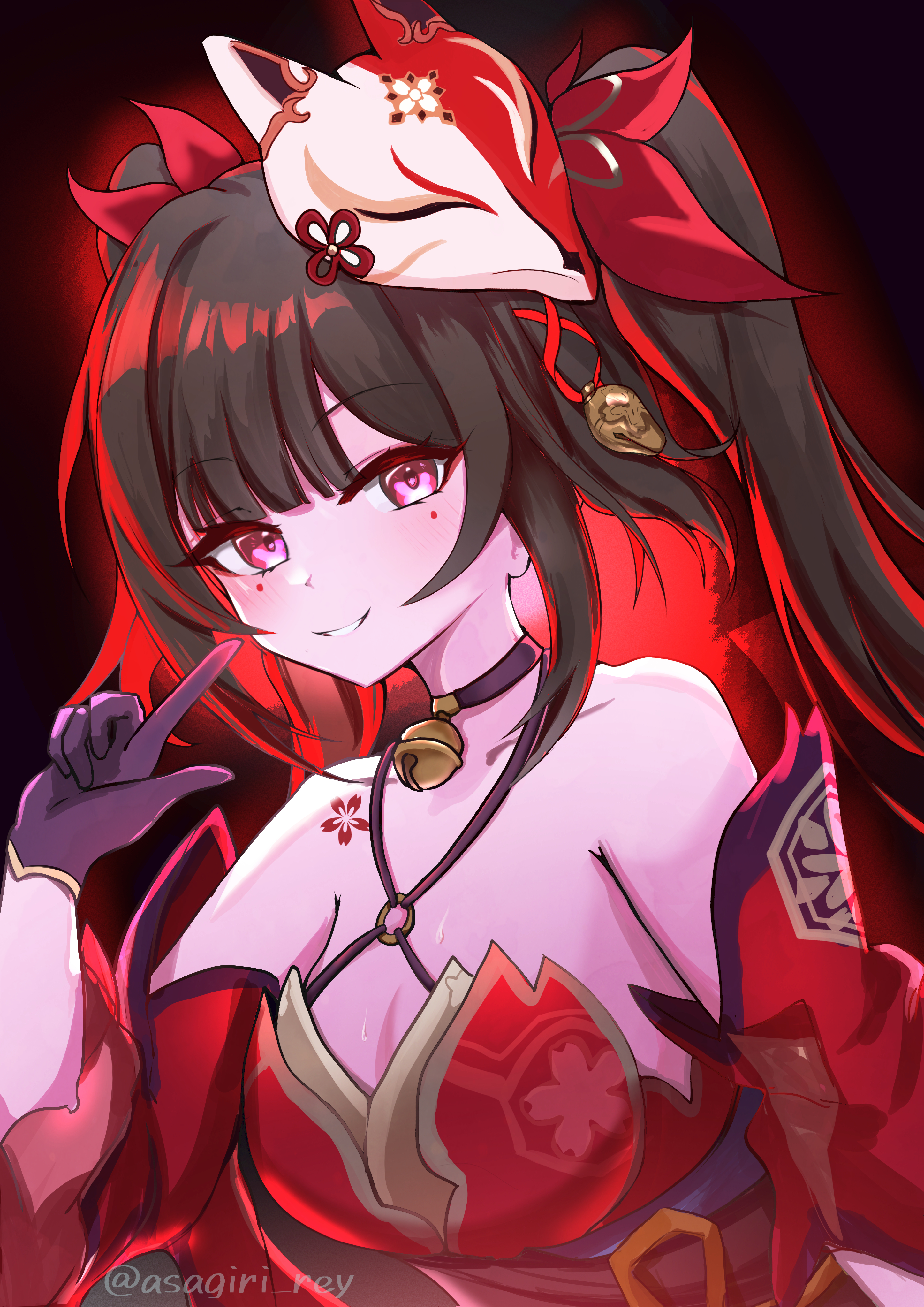asagiri rey, sparkle (honkai: star rail), honkai: star rail, honkai (series), absurdres, commentary request, highres, 1girl, bell, black choker, black gloves, black hair, breasts, choker, cleavage, collarbone, detached sleeves, fox mask, gloves, japanese clothes, kimono, long hair, long sleeves, looking at viewer, mask, mask on head, medium breasts, neck bell, parted lips, pink eyes, red kimono, red ribbon, ribbon, smile, solo, strapless, strapless kimono, twintails, twitter username, upper body, very long hair, wide sleeves