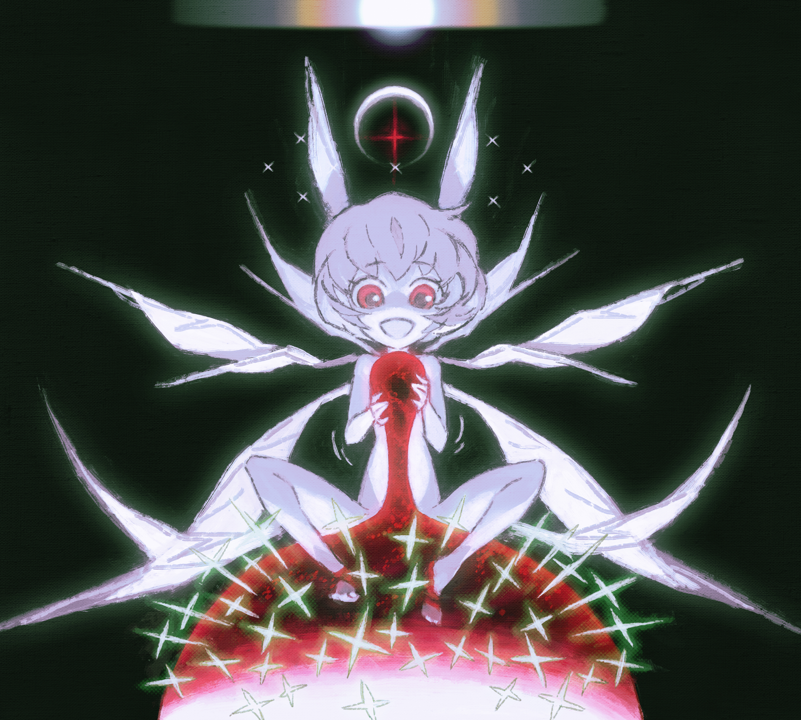 jnt, angel (evangelion), ayanami rei, lilith (ayanami rei), neon genesis evangelion, the end of evangelion, bad id, bad pixiv id, highres, spoilers, 1990s (style), albino, blood, chibi, cross, lcl, nude, pale skin, red eyes, wings