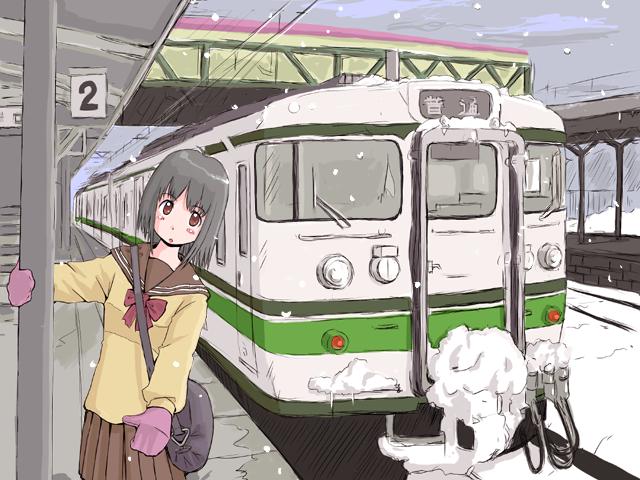maruyo, 1girl, bag, brown eyes, female focus, grey hair, mittens, multiple unit train, school uniform, serafuku, snow, snowing, solo, train, train station, winter