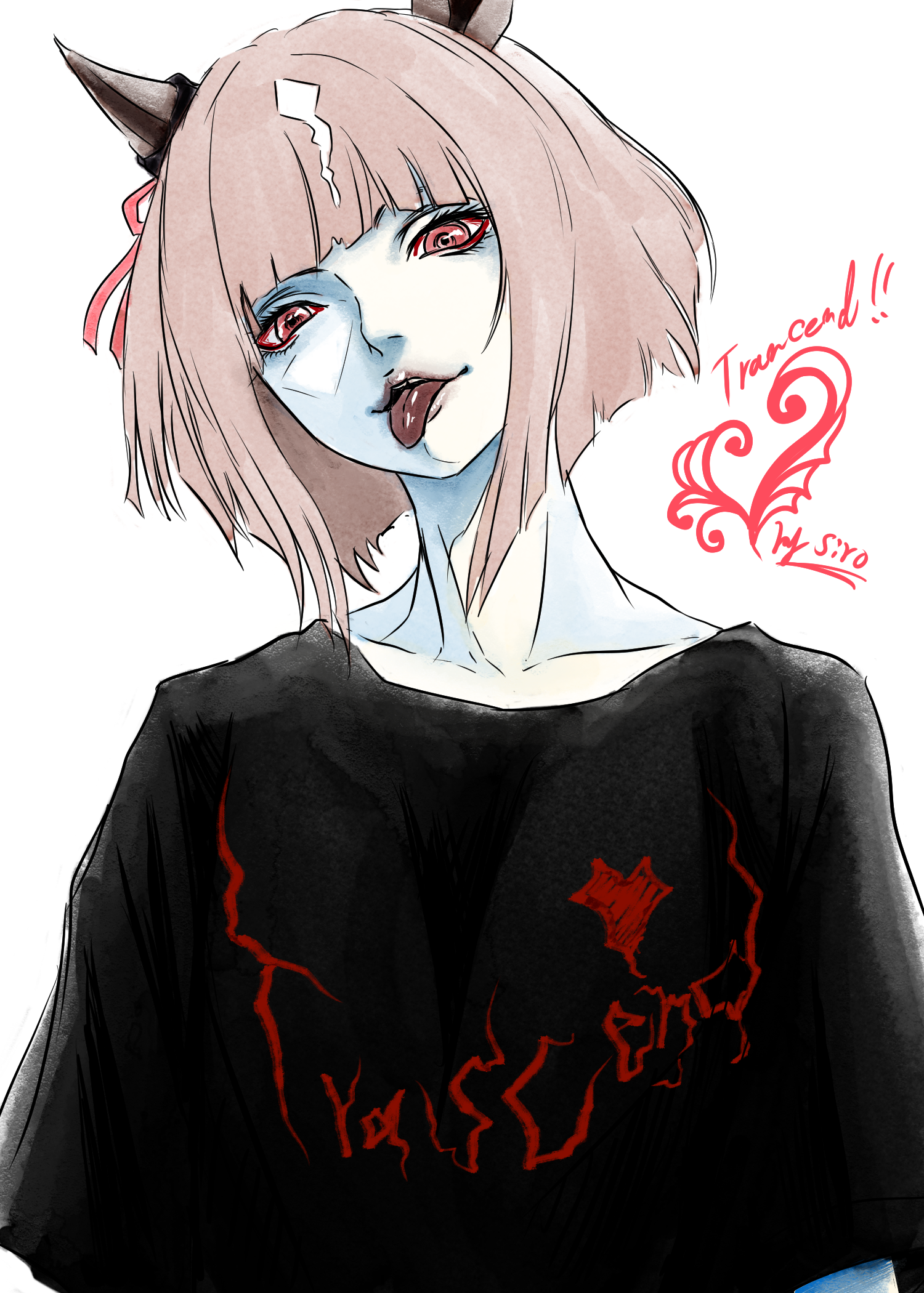 transcend (umamusume), umamusume, commentary request, highres, animal ears, artist name, black shirt, bow, brown hair, character name, ear covers, ear ribbon, horse ears, horse girl, looking at viewer, multicolored hair, pale skin, red eyes, red ribbon, ribbon, shirt, short hair, signature, simple background, siro1822403, tongue, tongue out, white background