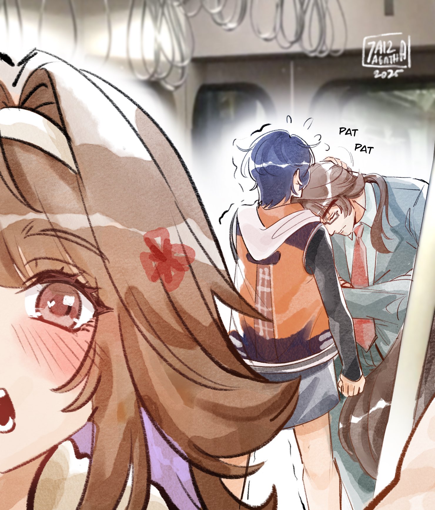 7aizagatha, belle (zenless zone zero), ye shiyuan, ye shunguang, zenless zone zero, hashtag-only commentary, highres, 1boy, 2girls, black shirt, blue hair, blush, brown hair, closed eyes, closed mouth, dated, droopy ears, flying sweatdrops, formal clothes, from behind, glasses, green suit, hairband, head on chest, heart, heart in eye, indoors, multiple girls, necktie, open mouth, red necktie, shirt, short hair, sound effects, suit, symbol in eye, train interior, trembling, white hairband