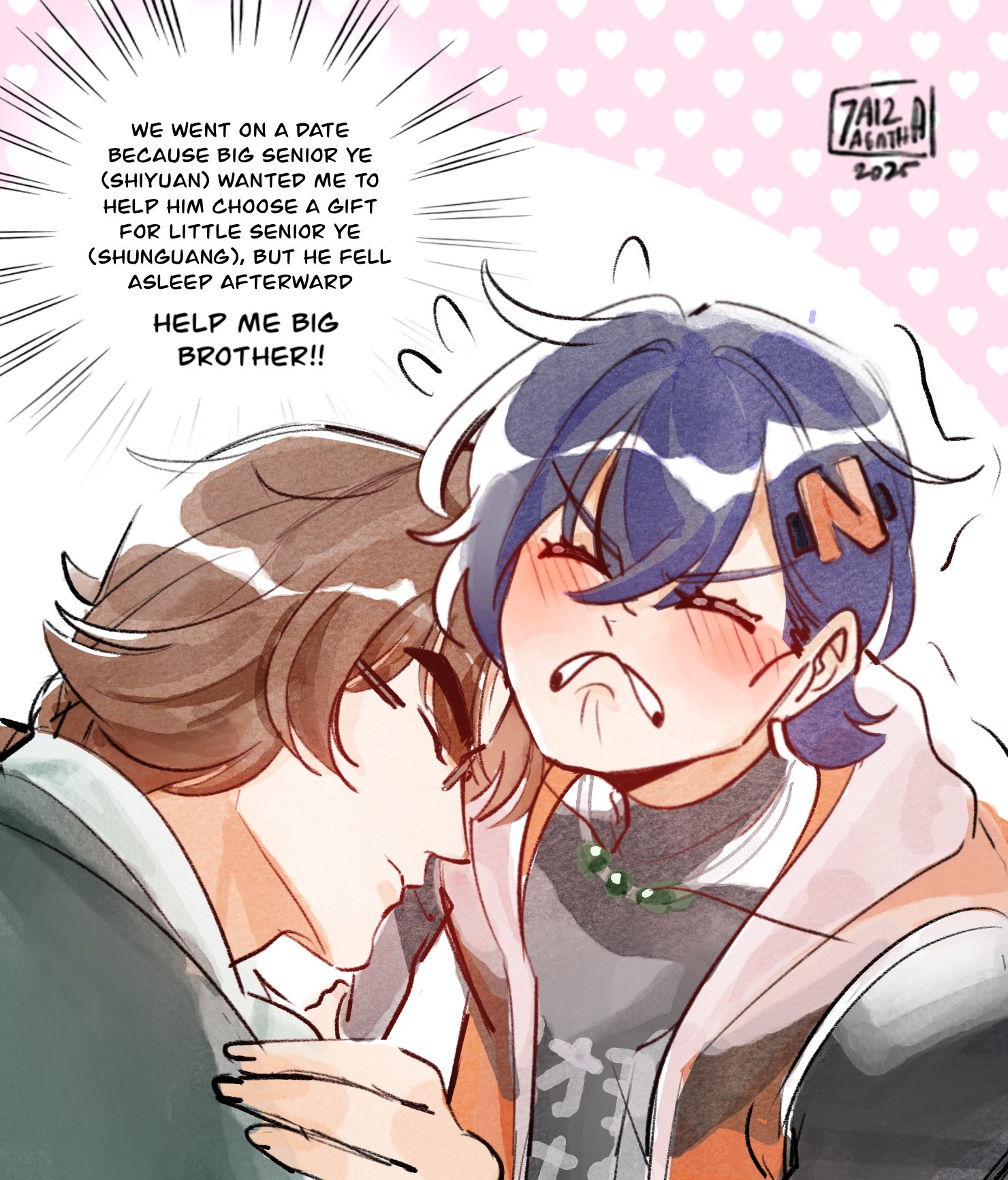 7aizagatha, belle (zenless zone zero), ye shiyuan, zenless zone zero, hashtag-only commentary, highres, 1boy, 1girl, black shirt, blue hair, blush, brown hair, closed eyes, closed mouth, dated, english text, flying sweatdrops, formal clothes, glasses, green suit, hair between eyes, hair ornament, hand on another's shoulder, heart, heart print, jewelry, letter hair ornament, long hair, necklace, parted lips, pink background, print shirt, shirt, short hair, suit, trembling, two-tone background, v-shaped eyebrows, white background