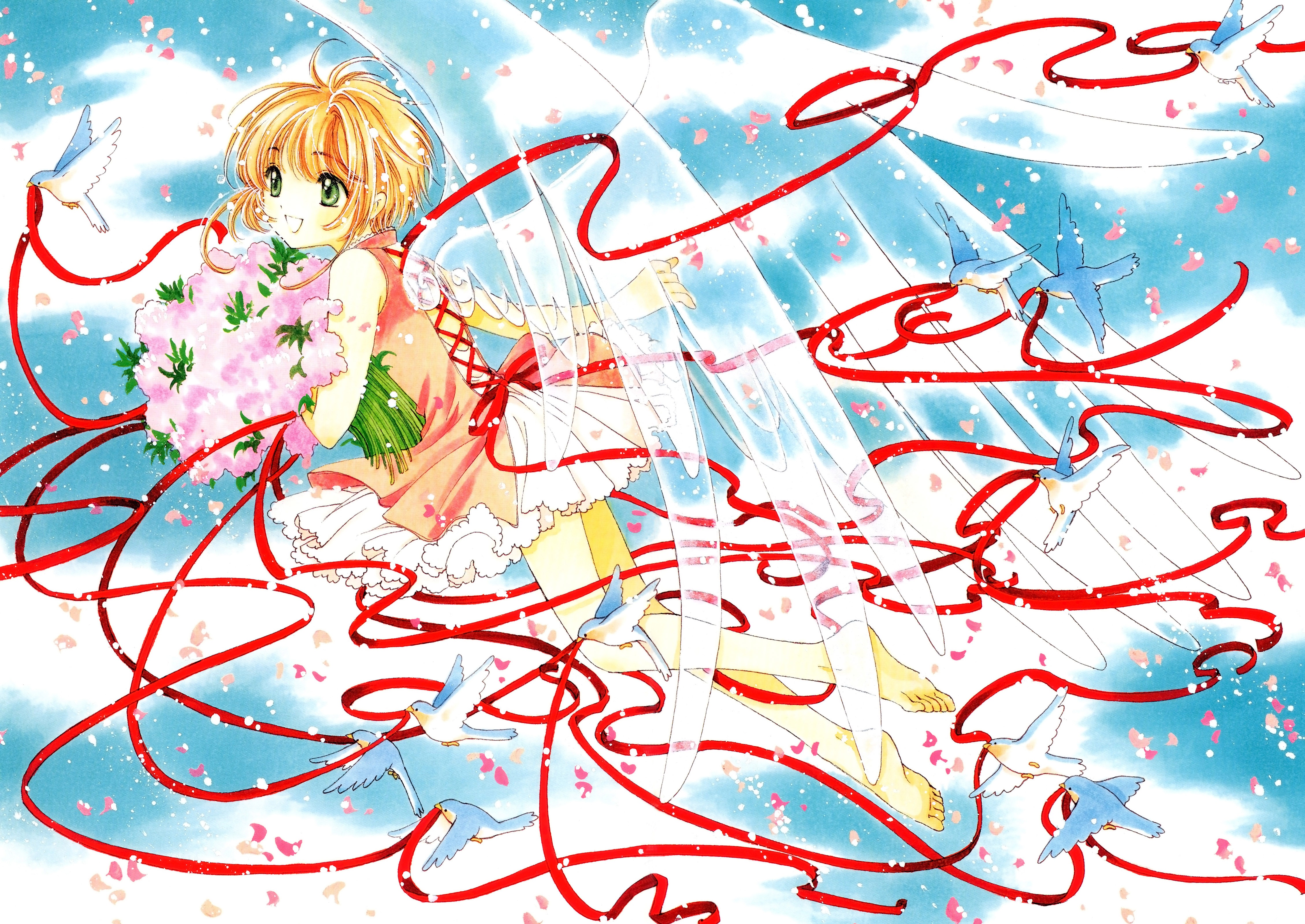 clamp, kinomoto sakura, cardcaptor sakura, absurdres, highres, 1990s (style), 1girl, antenna hair, barefoot, blonde hair, bouquet, child, day, dress, female focus, flower, flying, full body, green eyes, holding, holding bouquet, outdoors, retro artstyle, see-through clothes, short hair, solo, wings