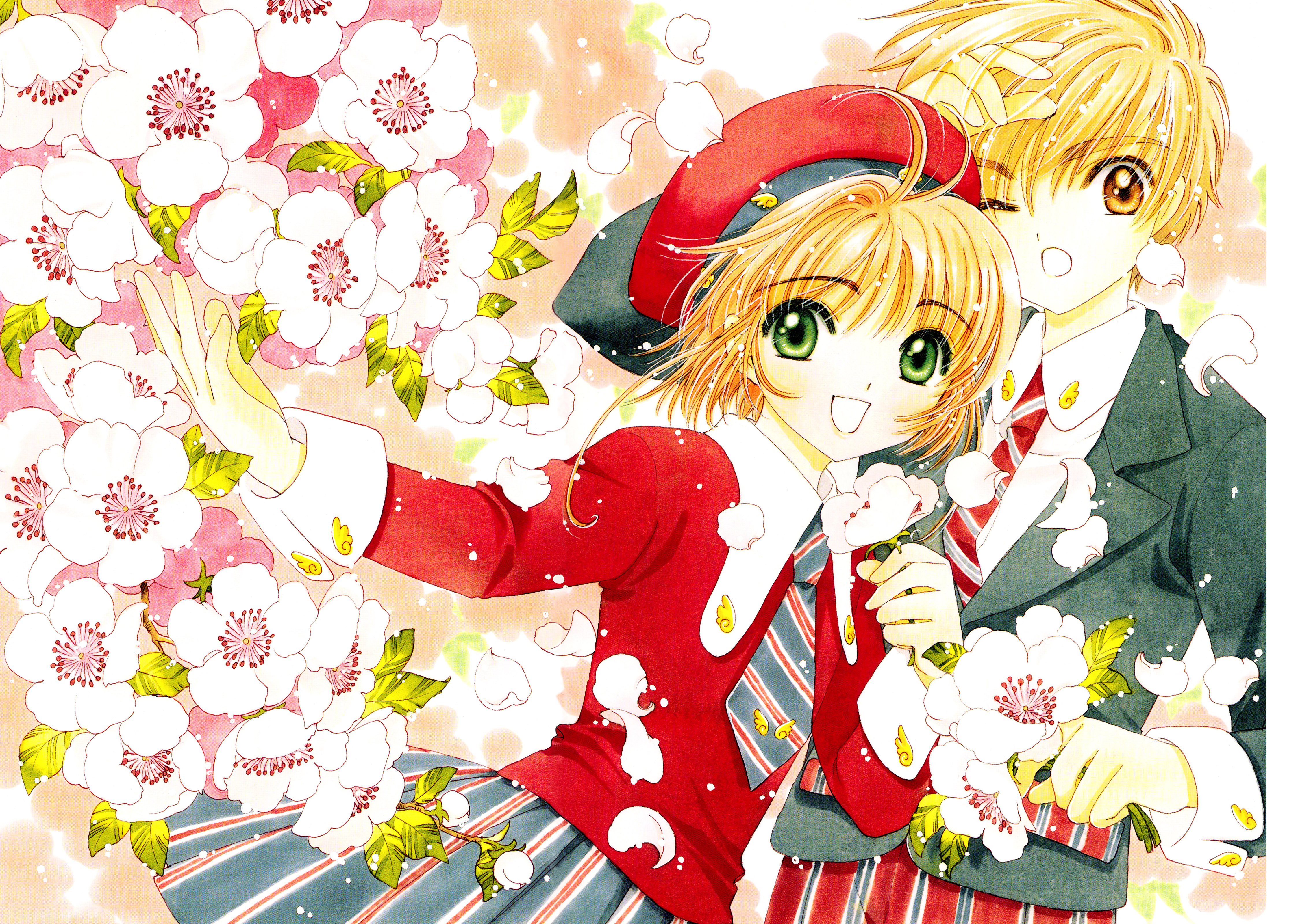 clamp, kinomoto sakura, li syaoran, cardcaptor sakura, absurdres, highres, official art, 1990s (style), 1boy, 1girl, antenna hair, blouse, brown hair, cherry blossoms, child, collared shirt, diagonal-striped clothes, diagonal-striped necktie, flower, happy, hat, name connection, necktie, object namesake, pants, red hat, red shirt, retro artstyle, shirt, short hair, skirt, striped clothes, striped pants, striped skirt, vertical-striped clothes, vertical-striped pants, vertical-striped skirt, white shirt