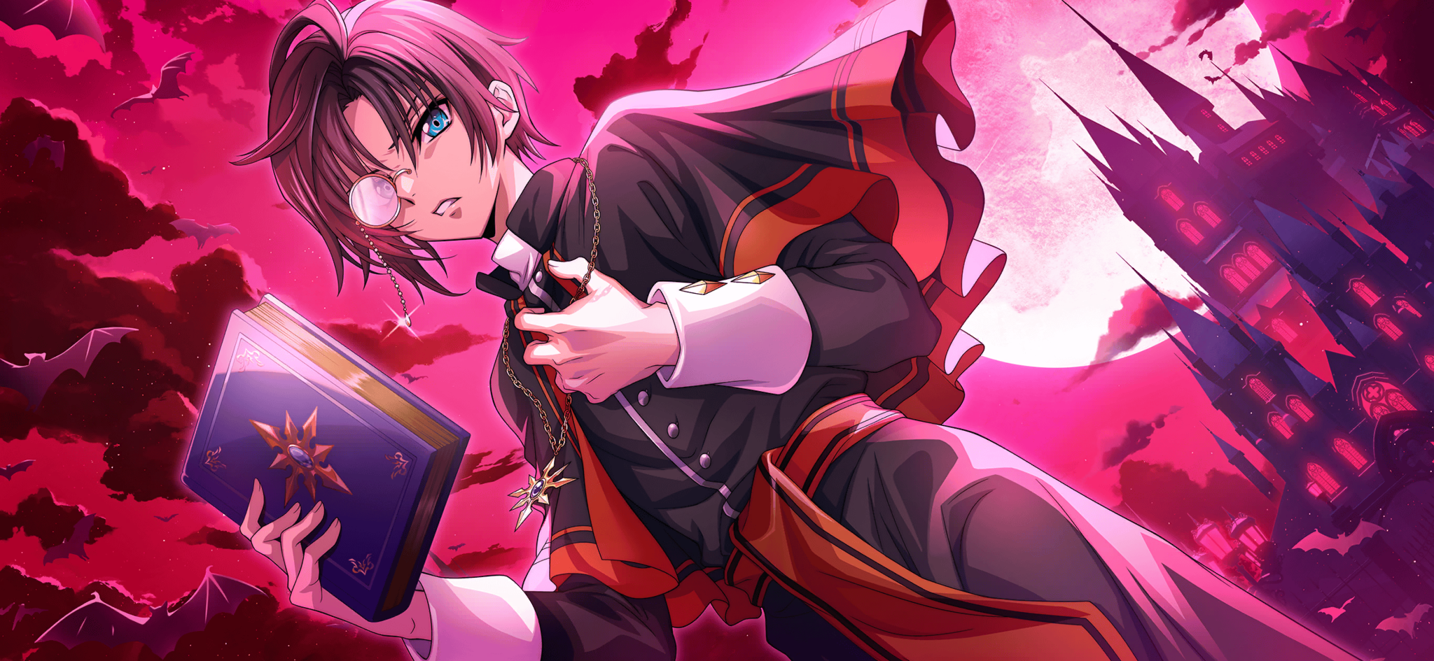 f4samurai, mario disel, code geass, code geass: lost stories, highres, official art, 1boy, black hair, black jacket, blue eyes, book, cassock, castle, clerical collar, collared shirt, full body, holding, holding book, jacket, looking at viewer, male focus, monocle, monocle chain, priest, shirt, short hair, solo