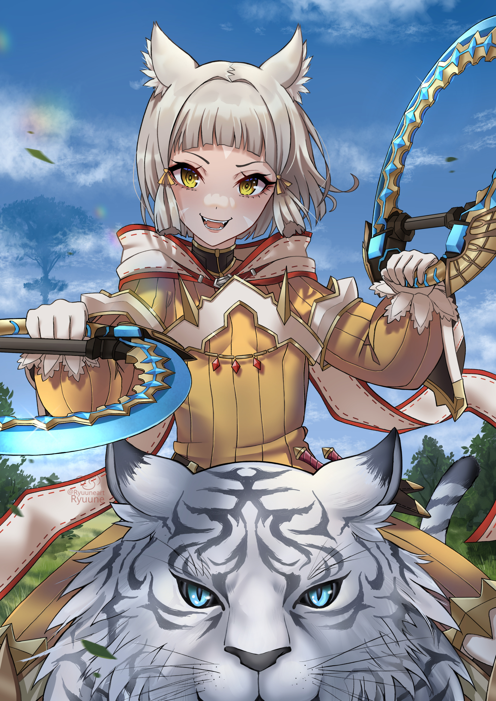 ryuuneart, dromarch (xenoblade), nia (xenoblade), xenoblade chronicles (series), xenoblade chronicles 2, highres, 1girl, :d, animal, animal ears, blunt bangs, bodysuit, breasts, cat ears, chakram, dual wielding, facial mark, fangs, gloves, grey hair, hair ribbon, holding, holding weapon, looking at viewer, on animal, open mouth, outdoors, ribbon, riding, short hair, sitting on animal, sky, small breasts, smile, tiger, tress ribbon, weapon, white gloves, white tiger, yellow bodysuit, yellow eyes