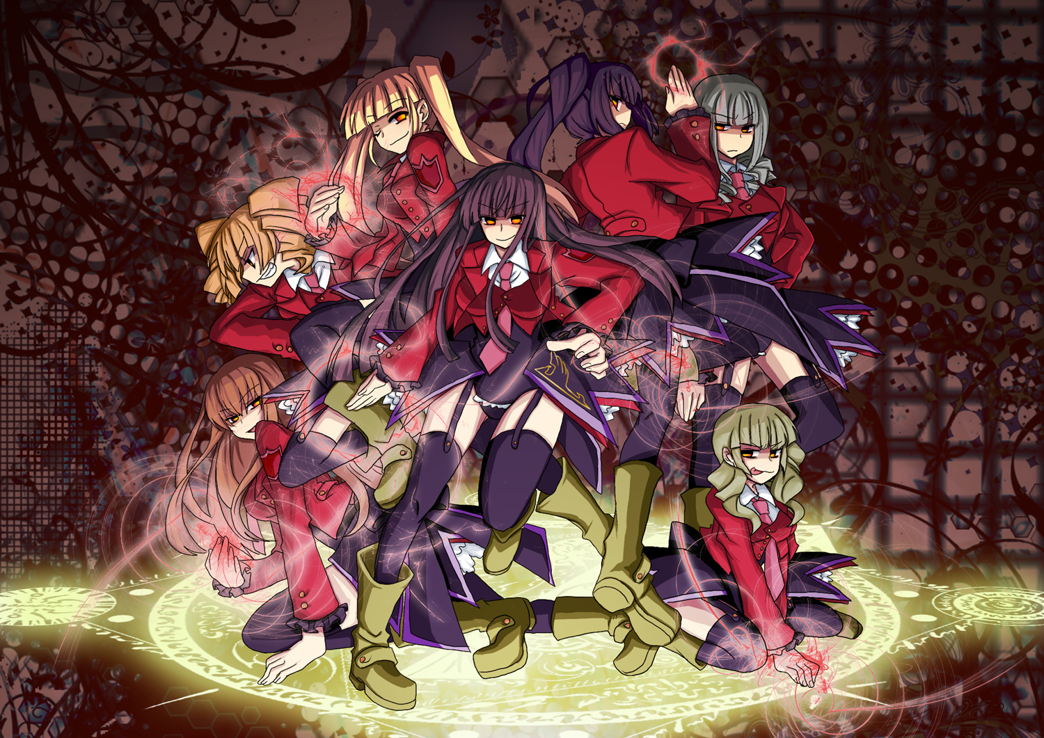 amida atsumu, asmodeus (umineko), beelzebub (umineko), belphegor (umineko), leviathan (umineko), lucifer (umineko), mammon (umineko), satan (umineko), stakes of purgatory, umineko no naku koro ni, silver hair, bad id, bad pixiv id, 00s, 6+girls, black hair, blonde hair, brown hair, drill hair, long hair, magic circle, multiple girls, necktie, pink necktie, red eyes, smile, thighhighs, twintails