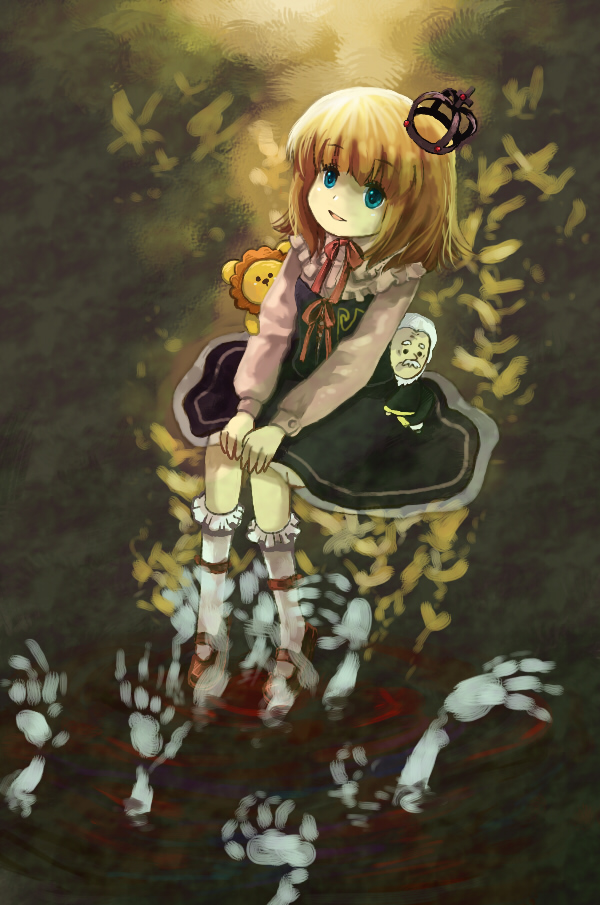 nirasuzu, toratama kosuzu, sakutarou (umineko), ushiromiya kinzou, ushiromiya maria, umineko no naku koro ni, 00s, blue eyes, child, crown, dress, hat, orange hair, short hair, solo