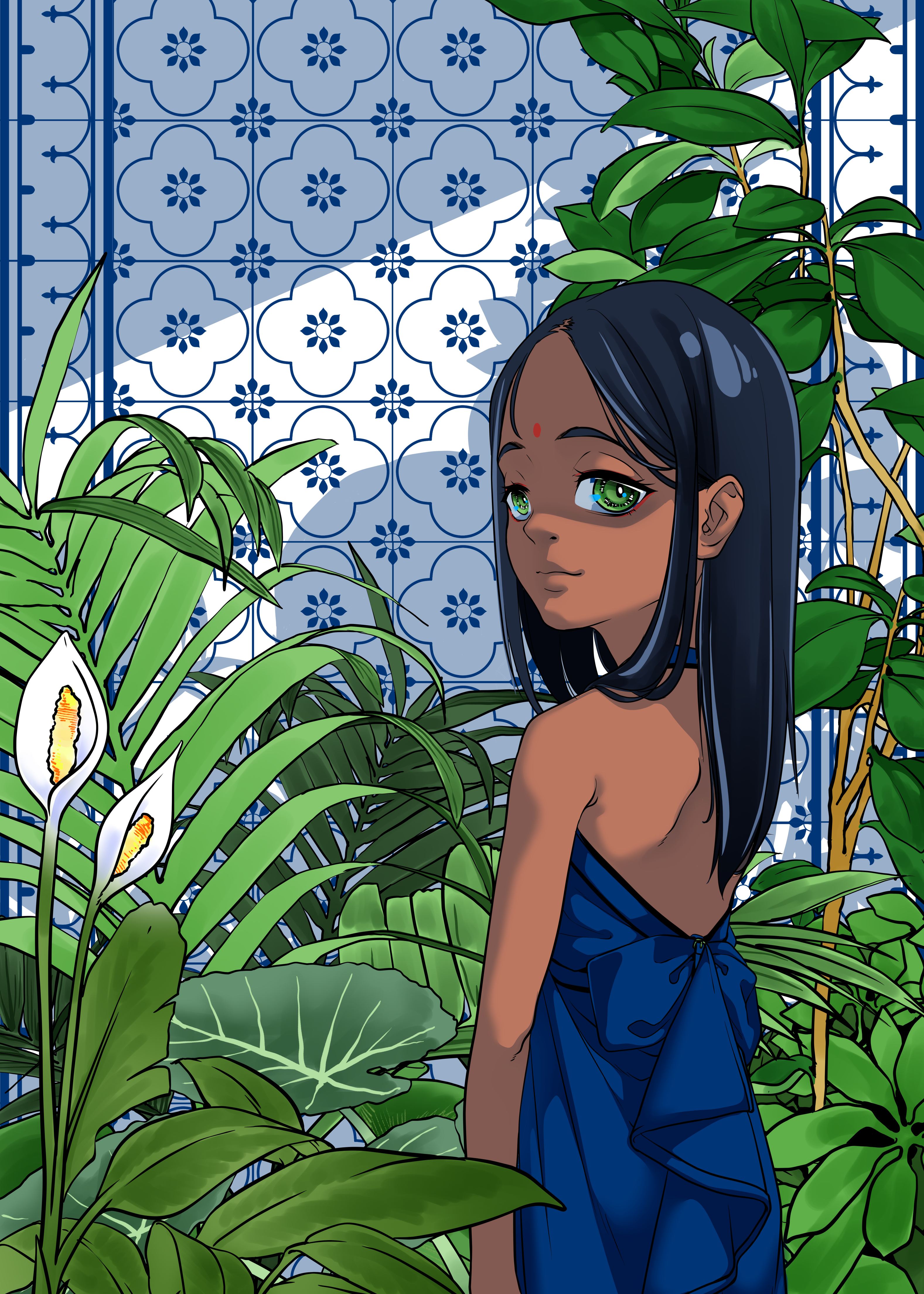 takoyaki-kogesugi16, original, absurdres, commentary request, highres, 1girl, bindi, black hair, blue dress, dark-skinned female, dark skin, dress, flower, garden, green eyes, long hair, looking at viewer, parted bangs, plant, solo, spathiphyllum, standing, tile wall, tiles, upper body, white flower