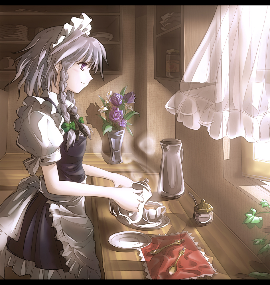shirosa, izayoi sakuya, touhou, 1girl, braid, cup, curtains, female focus, flower, grey hair, indoors, kitchen, letterboxed, maid, maid headdress, plant, plate, profile, purple eyes, short hair, slice of life, smile, solo, spoon, teacup, teapot, twin braids, window