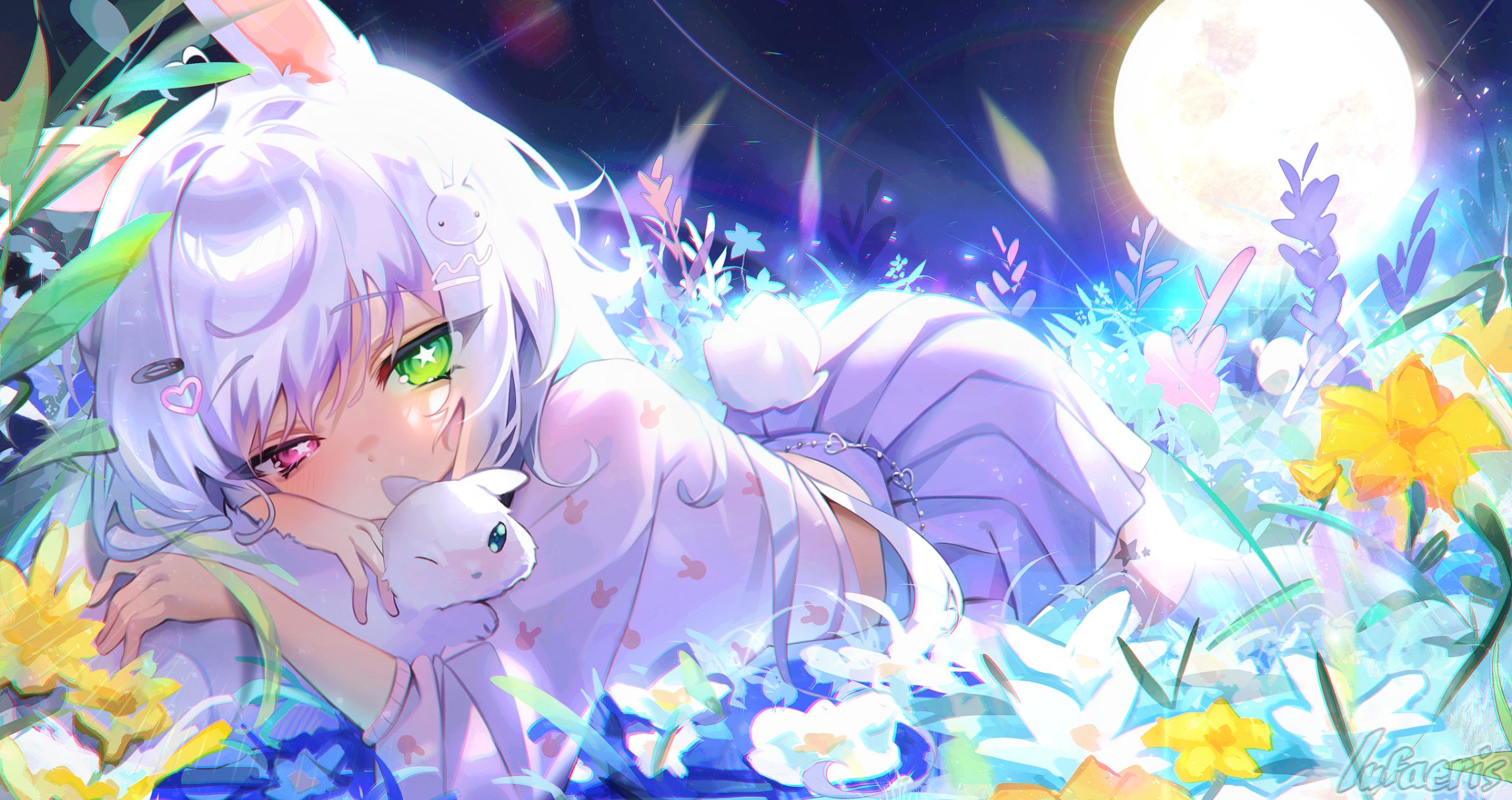 cloud (lufaeris), original, commentary, english commentary, highres, 1girl, animal, animal ears, flower, full body, green eyes, heterochromia, long hair, looking at viewer, lying, moon, on grass, on stomach, pink eyes, rabbit, rabbit ears, rabbit girl, rabbit tail, shirt, skirt, solo, star-shaped pupils, star (symbol), swept bangs, symbol-shaped pupils, tail, white flower, white hair, white shirt, white skirt, yellow flower