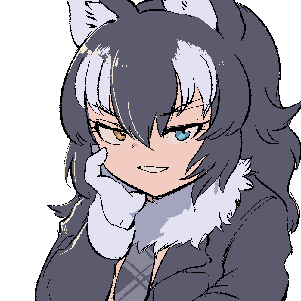 mcgunngu, grey wolf (kemono friends), kemono friends, commentary, 1girl, animal ears, blue eyes, extra ears, gloves, grey hair, heterochromia, jacket, long hair, looking at viewer, necktie, scarf, simple background, solo, upper body, wolf ears, wolf girl, yellow eyes