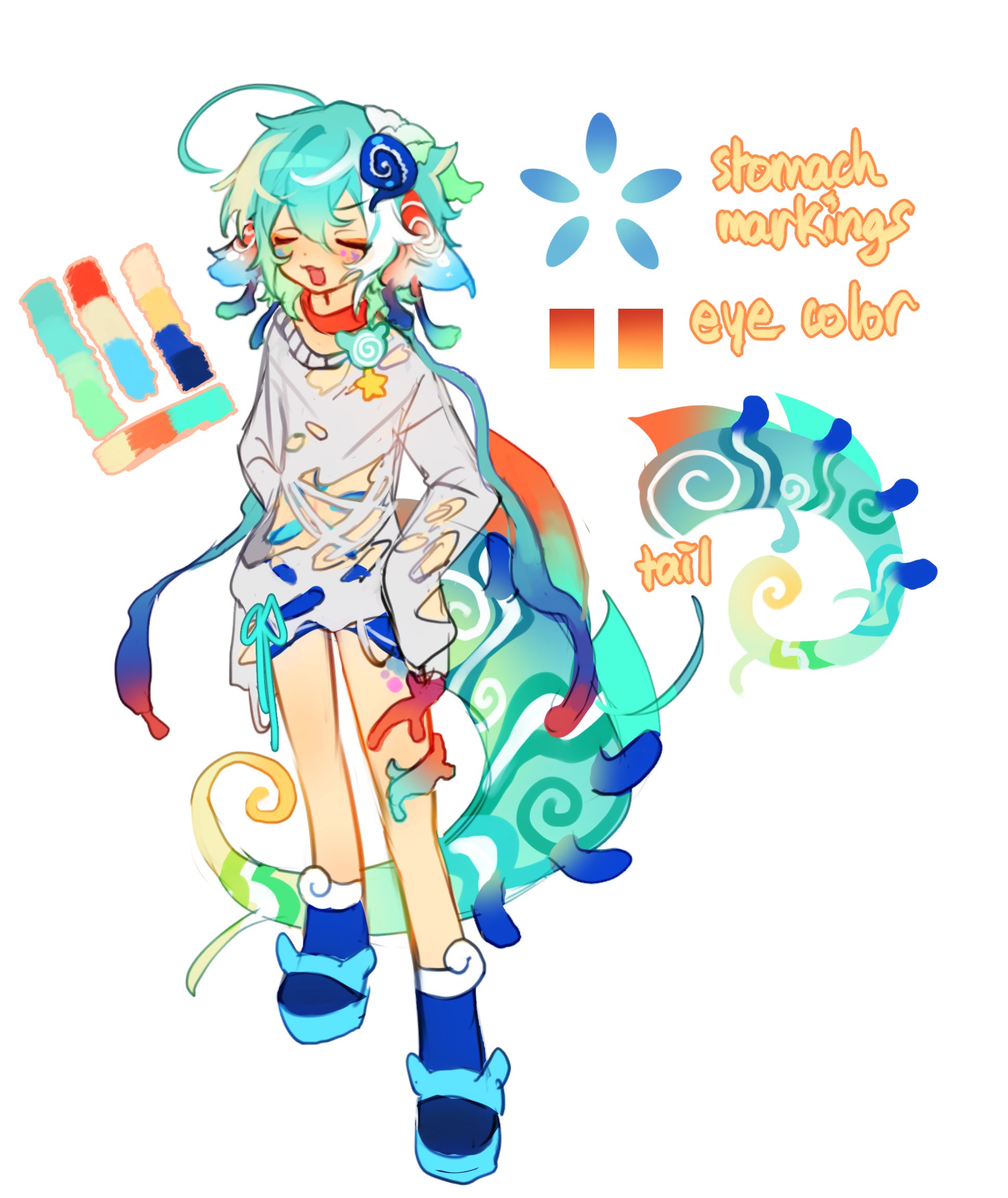 cloud (lufaeris), original, commentary, english commentary, highres, 1girl, ahoge, animal ears, aqua hair, blue shoes, body markings, closed eyes, color guide, double-parted bangs, full body, grey shirt, hair between eyes, huge ahoge, long hair, long sleeves, open mouth, shirt, shoes, smile, solo, tail, torn clothes, torn shirt, white background