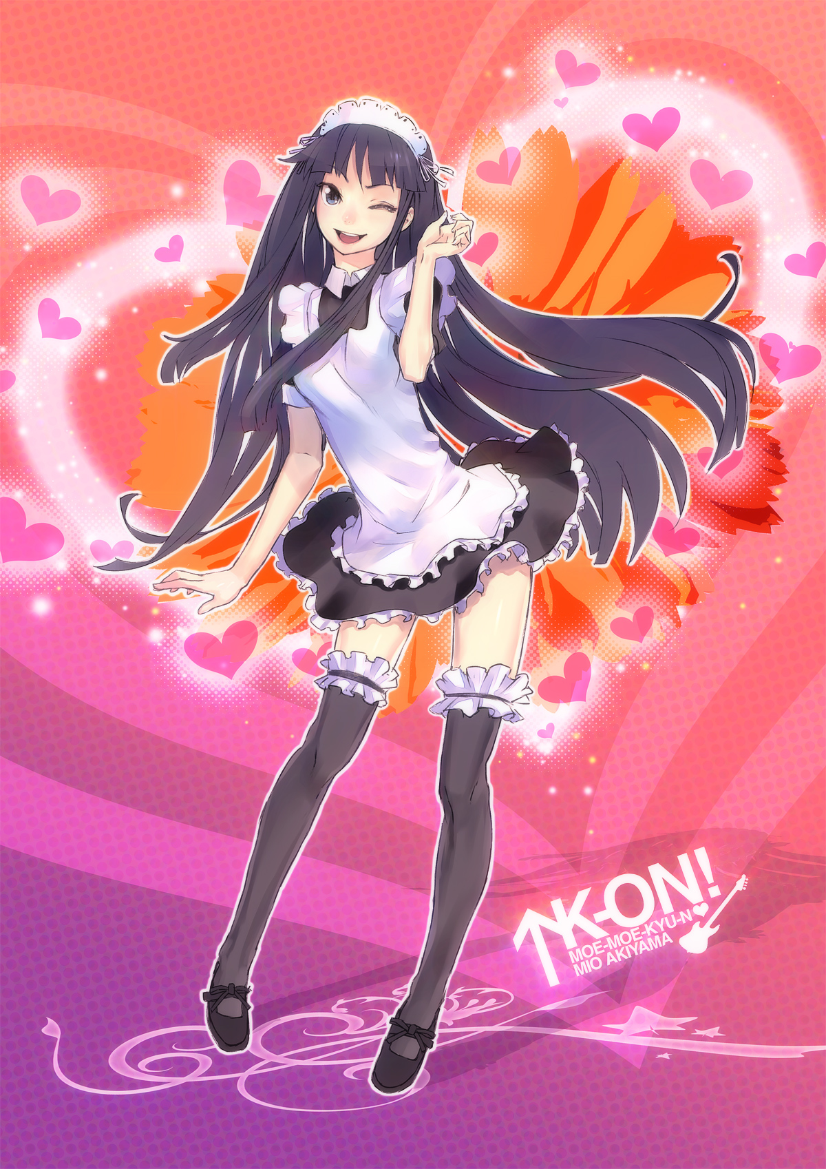 redjuice, akiyama mio, k-on!, highres, 00s, 1girl, alternate costume, apron, black eyes, black hair, black thighhighs, dress, enmaided, female focus, frilled thighhighs, frills, hair ornament, heart, laughing, lipstick, long hair, maid, maid apron, maid headdress, makeup, moe moe kyun!, one eye closed, open mouth, round teeth, shoes, short dress, smile, solo, standing, teeth, thighhighs, very long hair, wink, zettai ryouiki