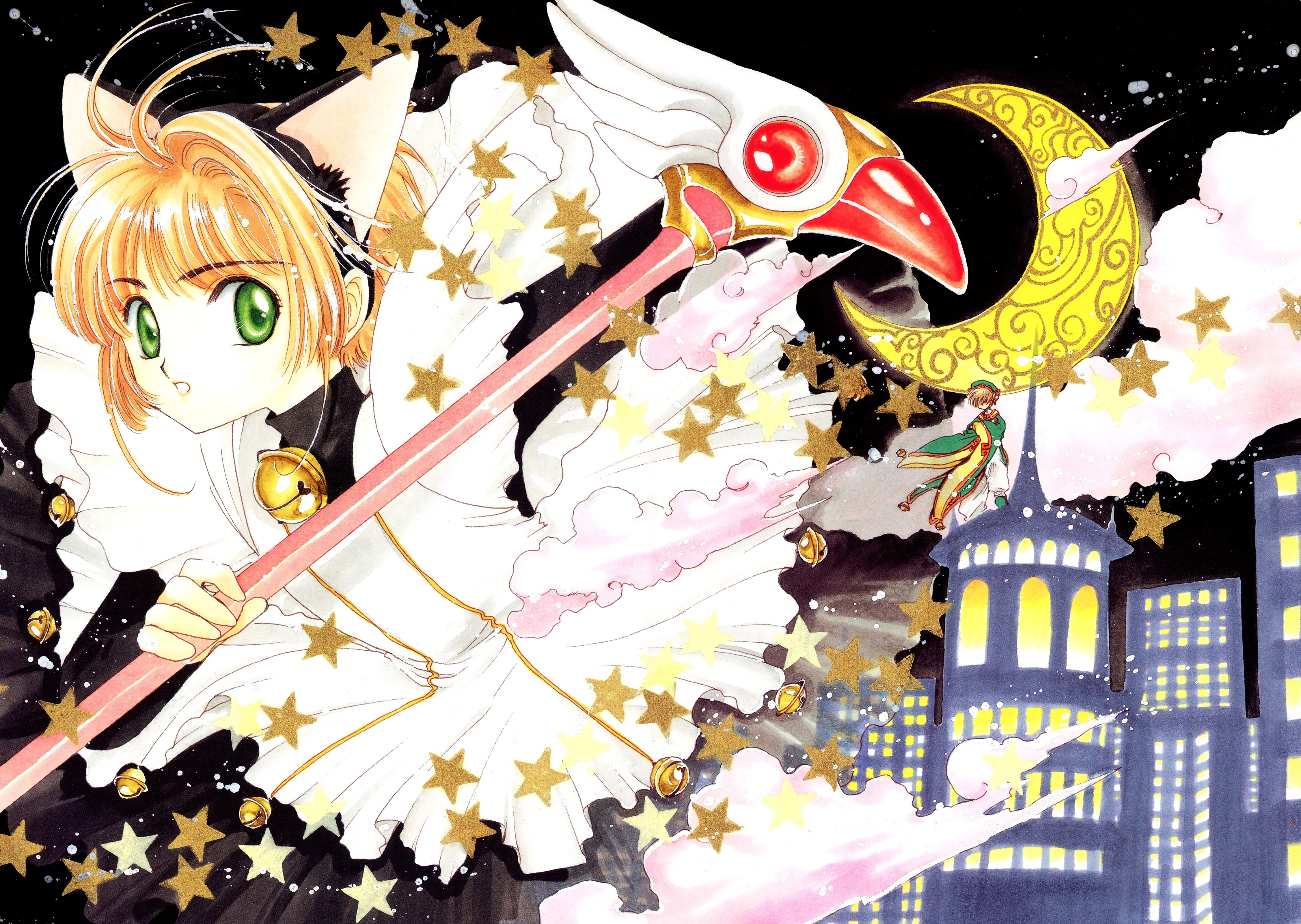 clamp, kinomoto sakura, kinomoto sakura (kitty), li syaoran, cardcaptor sakura, absurdres, highres, official art, 1990s (style), 1boy, 1girl, animal ears, antenna hair, blonde hair, cat ears, child, fuuin no tsue, green eyes, magical girl, retro artstyle, short hair