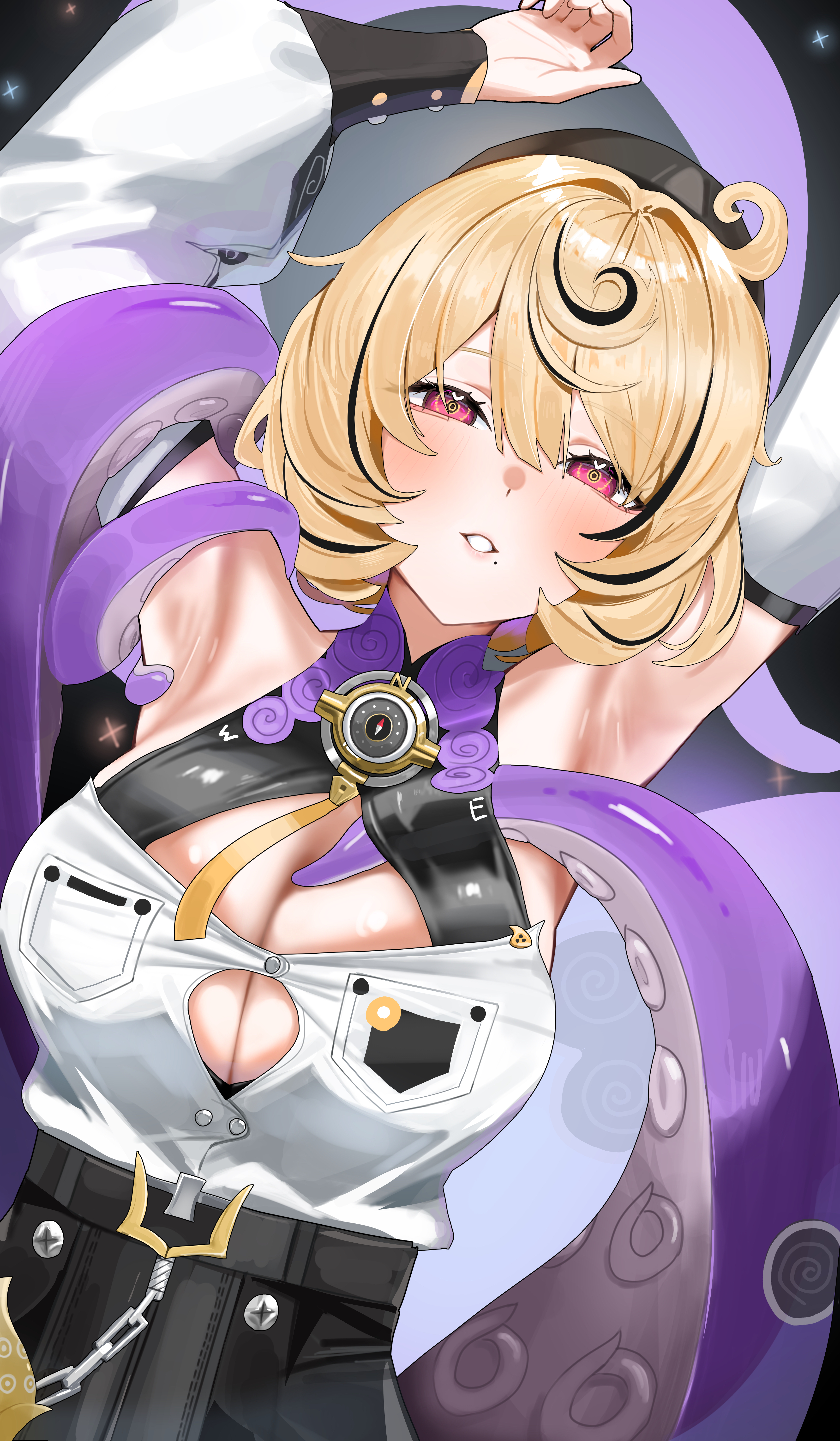 user unmt8738, yidhari murphy, zenless zone zero, absurdres, commentary request, highres, 1girl, armpits, arms up, bare shoulders, beret, black background, black hat, black shorts, blonde hair, breasts, button gap, chain, cleavage, cowlick, detached sleeves, hair between eyes, hat, heart, heart in eye, high-waist shorts, large breasts, looking at viewer, mole, mole under mouth, monster girl, parted lips, purple eyes, shirt, shirt tucked in, short hair, shorts, solo, sparkle, suction cups, symbol in eye, tail around arm, tentacle girl, tentacle tail, tentacles, upper body, white shirt