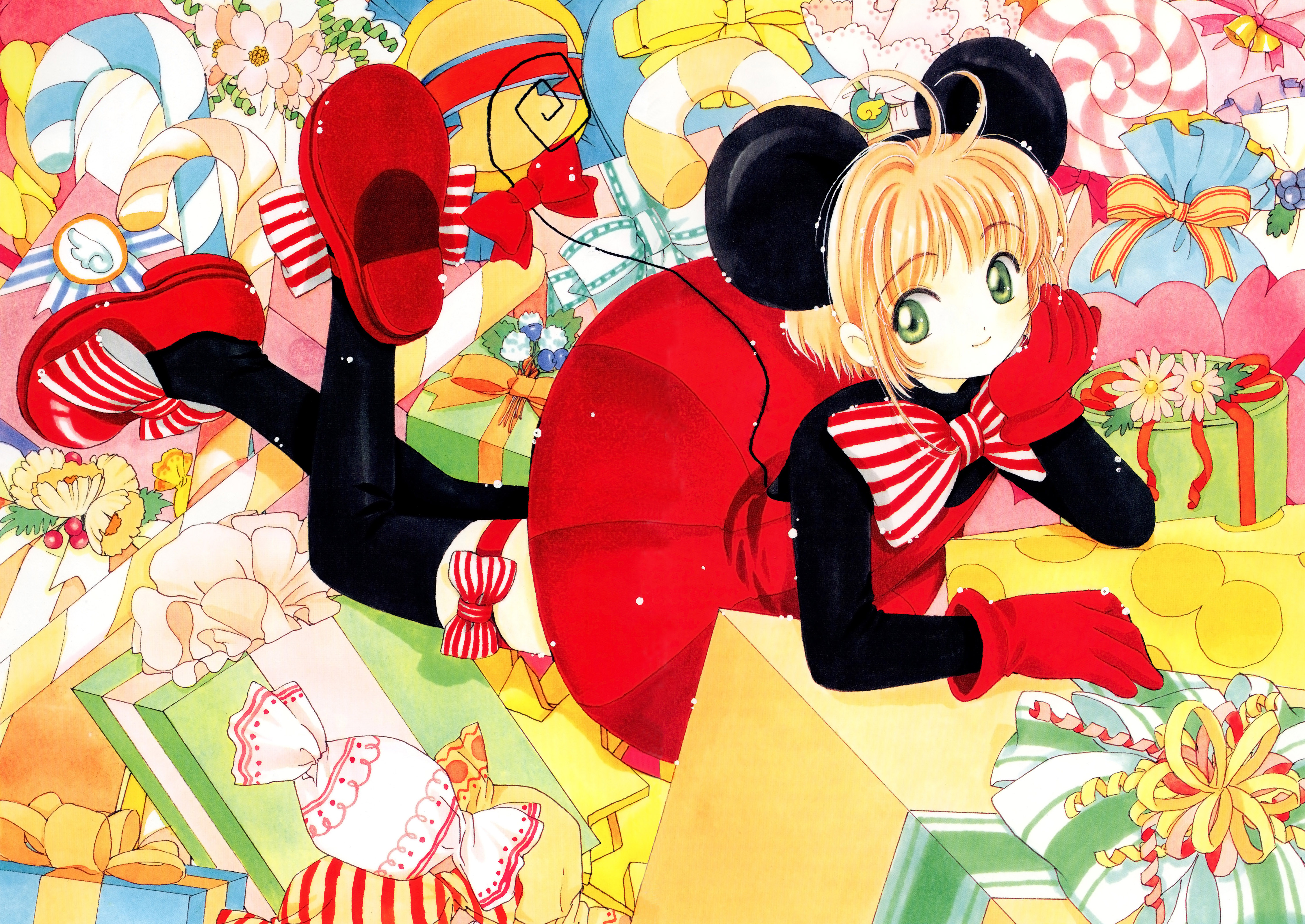 clamp, kinomoto sakura, cardcaptor sakura, absurdres, highres, 1990s (style), 1girl, animal ears, antenna hair, black thighhighs, bow, bowtie, candy, candy cane, child, fake animal ears, female focus, flower, food, footwear bow, full body, gift, green eyes, head rest, mouse ears, mouse tail, red bow, red bowtie, red shoes, retro artstyle, shoes, short hair, solo, striped bow, striped bowtie, striped clothes, tail, thigh strap, thighhighs