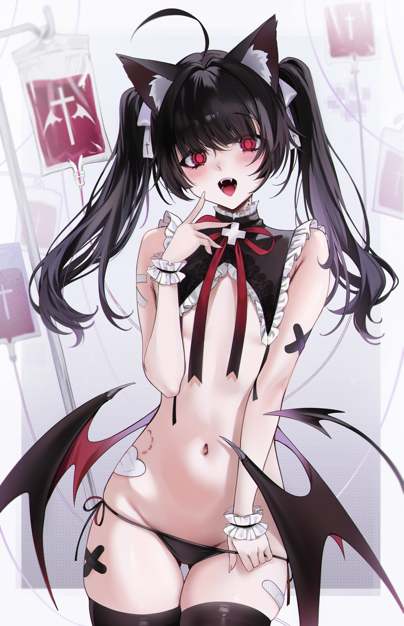 ompf, original, commentary request, highres, 1girl, ahoge, animal ear fluff, animal ears, bandaid, bandaid on arm, bandaid on thigh, bite mark, black hair, black panties, black thighhighs, black wings, blood, blood bag, blush, border, cat ears, collar, cowboy shot, cross, crossed bandaids, demon girl, demon tail, demon wings, fangs, flat chest, frilled collar, frilled wristband, frills, gluteal fold, hair ornament, hair ribbon, hand up, legs together, long hair, looking at viewer, low wings, navel, neck ribbon, open mouth, outside border, panties, red eyes, red ribbon, ribbon, side-tie panties, solo, standing, string panties, tail, thigh gap, thighhighs, twintails, underwear, vampire, white border, white ribbon, wings