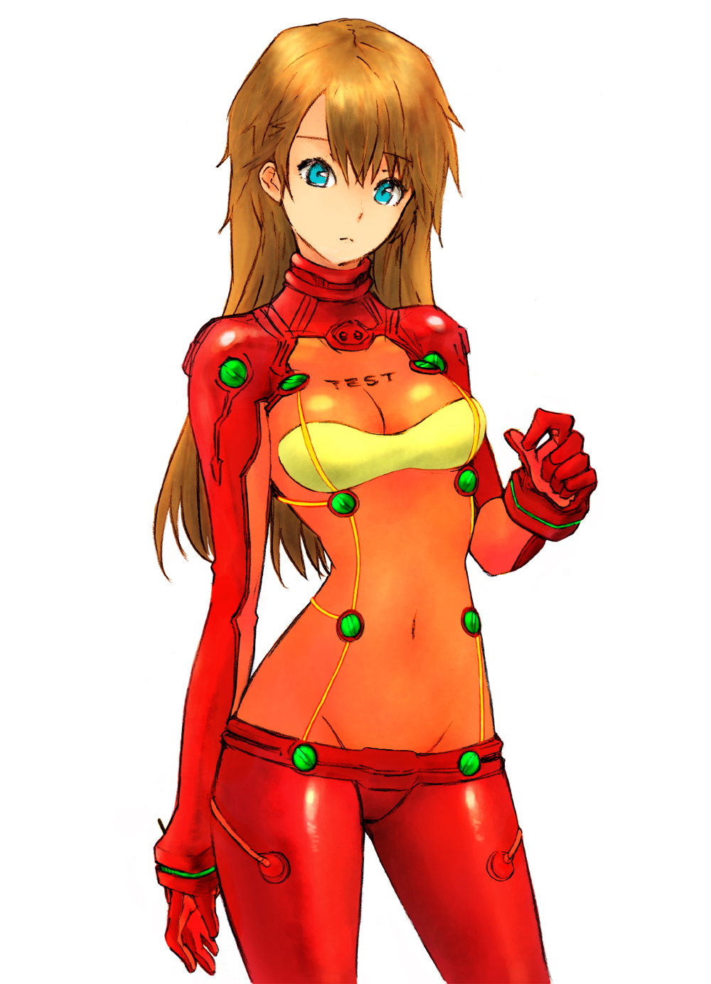 ken (flsk), souryuu asuka langley, evangelion: 2.0 you can (not) advance, neon genesis evangelion, rebuild of evangelion, highres, 00s, 1girl, blue eyes, bodysuit, bra, bracer, breasts, brown hair, cleavage, clothes writing, covered navel, cowboy shot, curvy, english text, female focus, frown, gloves, groin, hair down, long hair, looking at viewer, mecha pilot suit, medium breasts, narrow waist, no panties, orange hair, plugsuit (evangelion), see-through bodysuit, see-through cleavage, see-through clothes, simple background, solo, standing, test plugsuit (evangelion), turtleneck, underwear, white background, wide hips