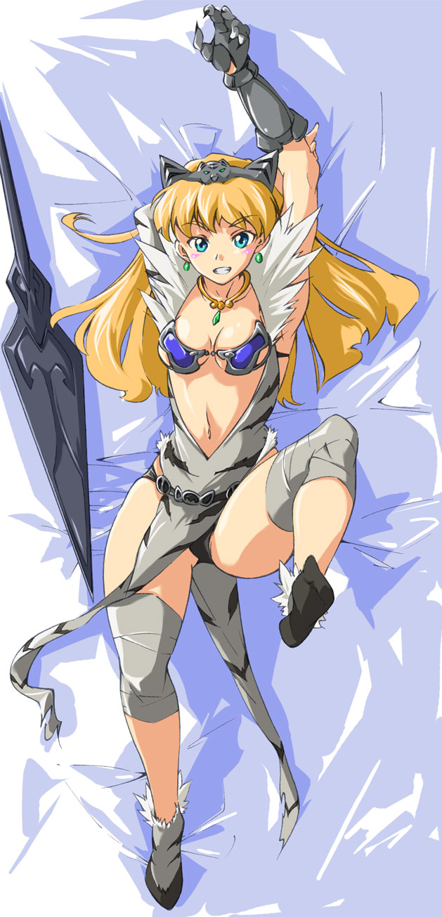 umanosuke, captain of the royal guard elina, elina (queen's blade), queen's blade, highres, long image, tall image, 00s, aqua eyes, armor, bikini armor, blonde hair, breasts, dakimakura (medium), earrings, full body, hairband, jewelry, smile, solo, sword, weapon