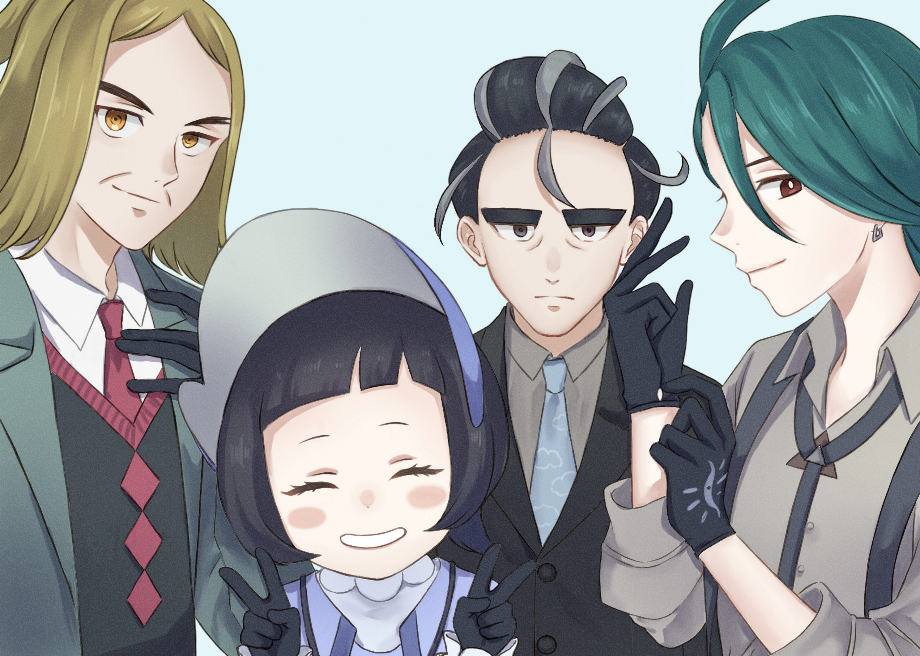 hassel (pokemon), larry (pokemon), poppy (pokemon), rika (pokemon), nintendo, pokemon, pokemon sv, commentary request, highres, 2boys, 2girls, black gloves, black hair, black jacket, blonde hair, blush stickers, bright pupils, brown eyes, closed eyes, closed mouth, collared shirt, double v, earrings, eyelashes, gloves, green hair, grin, hands up, jacket, jewelry, long sleeves, looking at viewer, multiple boys, multiple girls, necktie, open clothes, open jacket, parted bangs, red necktie, shirt, smile, teeth, v, vest, white pupils, white shirt, yucha (k yu313)