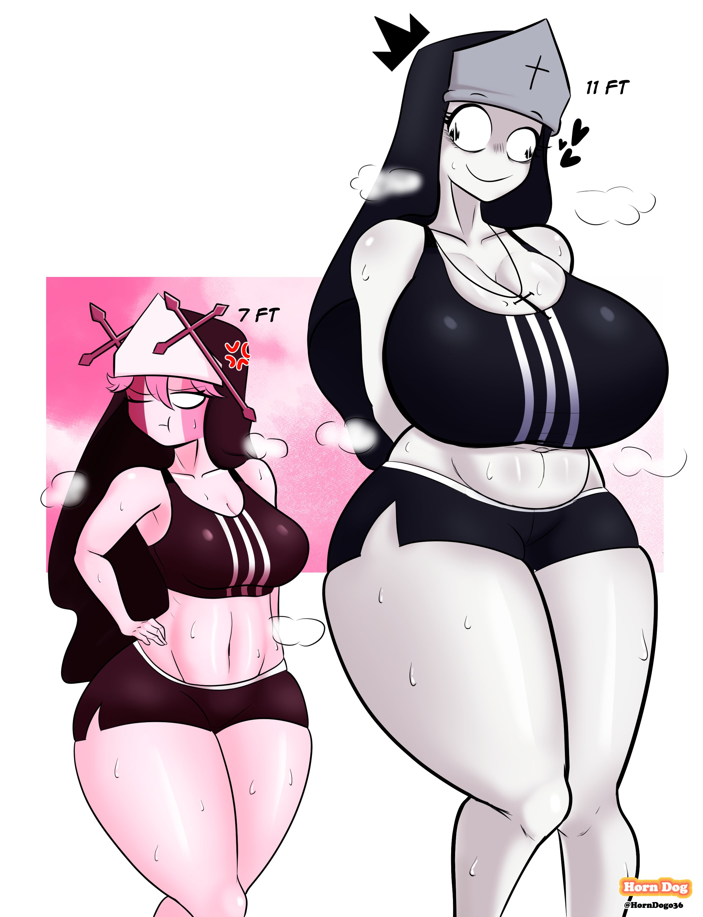 sarvente (friday night funkin'), taki (friday night funkin'), friday night funkin', absurdres, highres, 2girls, angry, annoyed, breast envy, breasts, cleavage, colored skin, gym uniform, heart, huge breasts, jealous, medium breasts, midriff, multiple girls, neapolitan palette, night, nun, one eye closed, pink hair, pink skin, side-by-side, size difference, standing, steaming body, sweat, sweatdrop, tall female