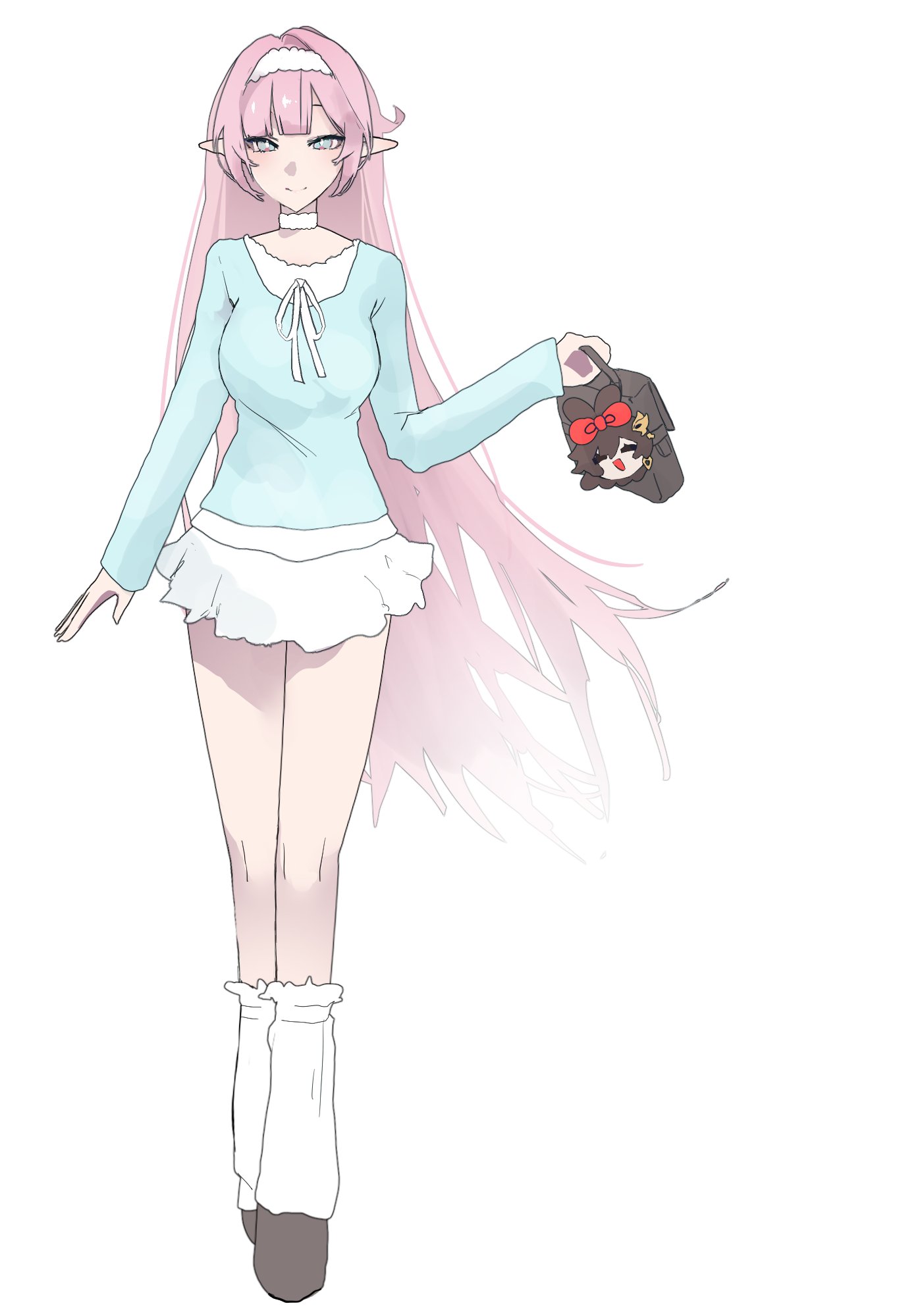 fuahina, elysia (honkai impact), honkai (series), honkai impact 3rd, commentary, highres, 1girl, alternate costume, bag, black shoes, blue eyes, blue sweater, breasts, elf, hairband, holding, holding bag, large breasts, leg warmers, long hair, looking at viewer, miniskirt, pointy ears, shoes, simple background, skirt, smile, solo, sweater, thighs, very long hair, white background, white hairband, white leg warmers, white skirt