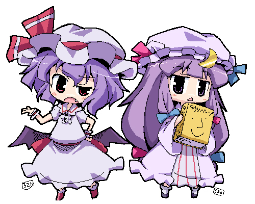 herada mitsuru, patchouli knowledge, remilia scarlet, embodiment of scarlet devil, touhou, light purple hair, lowres, 2girls, :<, book, chibi, dress, fang, female focus, hat, long hair, multiple girls, oekaki, purple eyes, purple hair, red eyes, ribbon, short hair, very long hair, wrist cuffs
