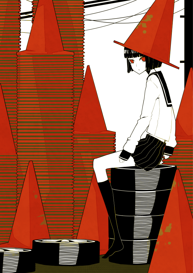 koto (kotocotton), original, 1girl, black hair, bob cut, female focus, hat, looking at viewer, looking back, midriff, object on head, orange eyes, power lines, red eyes, school uniform, serafuku, short hair, sitting, solo, traffic cone, unused tire, utility pole