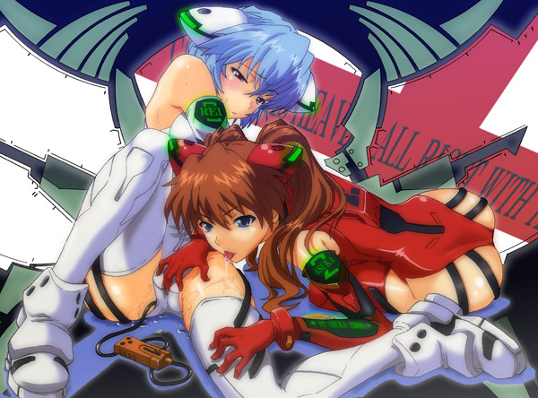 junkparts, ayanami rei, souryuu asuka langley, neon genesis evangelion, bad id, bad pixiv id, 2girls, blue eyes, blue hair, blush, cameltoe, elbow gloves, fingering, gloves, multiple girls, pussy juice, red eyes, red hair, saliva, sex toy, thighhighs, vibrator, yuri