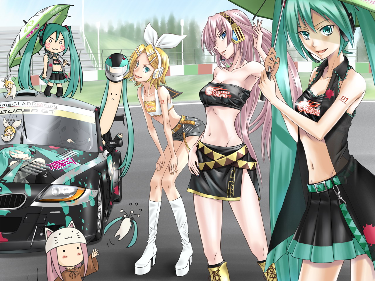 sukua, tk28, hachune miku, hatsune miku, kagamine len, kagamine rin, megurine luka, megurine luka (toeto), racing miku, bmw, goodsmile company, goodsmile racing, pylori kin no uta (vocaloid), toeto (vocaloid), vocaloid, >:3, 5girls, :3, adapted costume, animal ears, animal hat, aqua eyes, aqua hair, bandeau, belt, blue eyes, blue hair, blush, bmw z4, boots, car, cat ears, cat hat, chibi, flat chest, green hair, hair ornament, hair ribbon, hairclip, hat, headphones, headset, high heels, itasha, leaning forward, long hair, midriff, motor vehicle, multiple girls, navel, o o, pink hair, race car, race queen, race vehicle, racecar, ribbon, shoes, short hair, short shorts, shorts, side slit, skinny, skirt, smile, strapless, super gt, tank top, tattoo, thigh boots, thighhighs, tube top, twintails, umbrella, v-shaped eyebrows, very long hair, vest