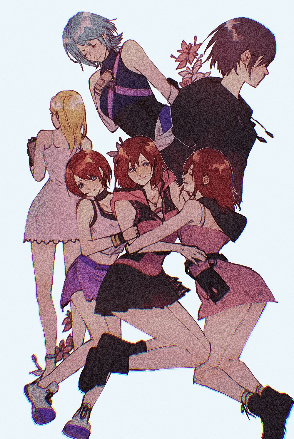 sera (serappi), aqua (kingdom hearts), kairi (kingdom hearts), namine, xion (kingdom hearts), kingdom hearts, kingdom hearts i, kingdom hearts ii, kingdom hearts iii, commentary, english commentary, highres, 6+girls, black boots, black coat (kingdom hearts), black hair, blonde hair, blue hair, boots, breasts, brown hair, camisole, dress, flower, hood, hooded vest, hoodie, medium breasts, medium hair, miniskirt, multiple girls, multiple persona, pink dress, pink vest, pleated skirt, shoes, short dress, short hair, skirt, vest, white camisole, white dress