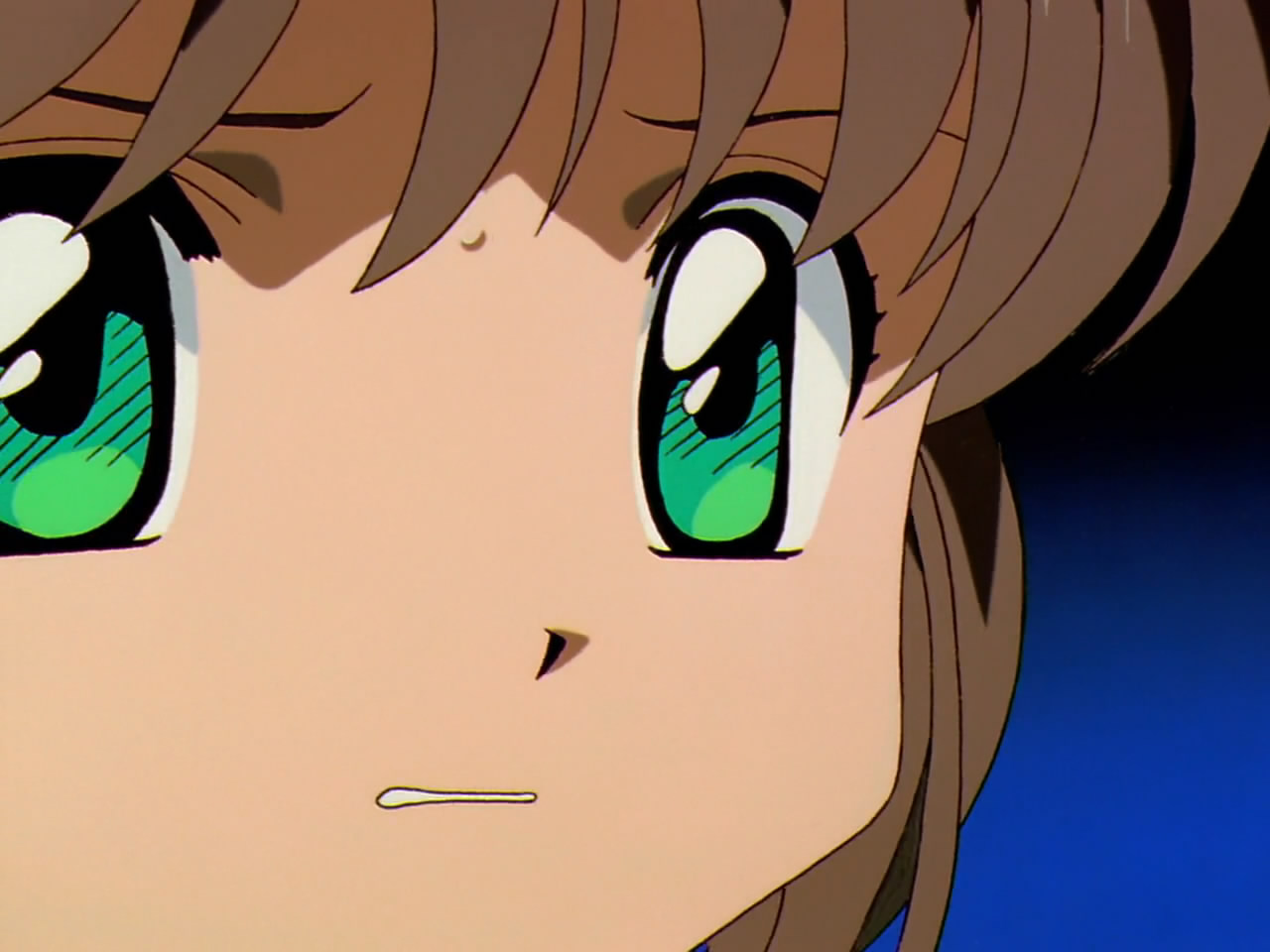 kinomoto sakura, cardcaptor sakura, non-web source, 1990s (style), blue eyes, brown hair, child, close-up, gununu (meme), meme, retro artstyle, solo