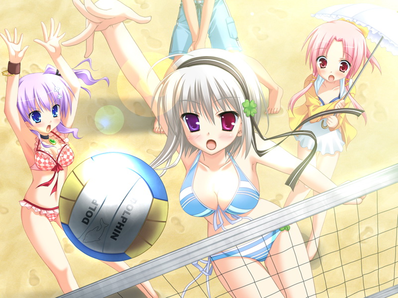 moribe (rabumanyo), hatsuji mihama, mihama hitsuji, rougi maki, toono haruka, natsu yume nagisa, 1boy, 3girls, ball, bikini, blue eyes, breasts, checkered bikini, checkered clothes, cleavage, collarbone, frilled bikini, frills, front-tie top, heterochromia, lens flare, long hair, multiple girls, open mouth, pink hair, purple hair, red hair, side-tie bikini bottom, swimsuit, toes, volleyball, volleyball (object)
