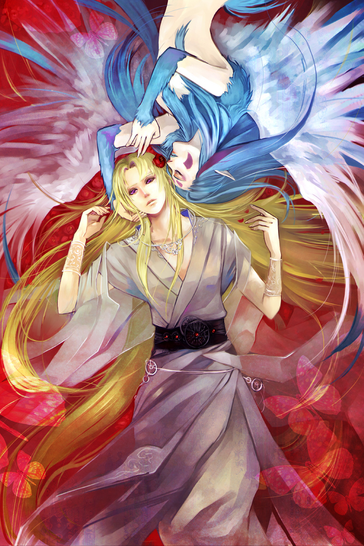 kamemushi, kaiko (juuni kokuki), keiki (juuni kokuki), juuni kokuki, traditional clothes, bad id, bad pixiv id, 1boy, 1girl, blonde hair, blue hair, bug, butterfly, japanese clothes, jewelry, long hair, monster girl, necklace, nyokai, pointy ears, purple eyes, very long hair, wings