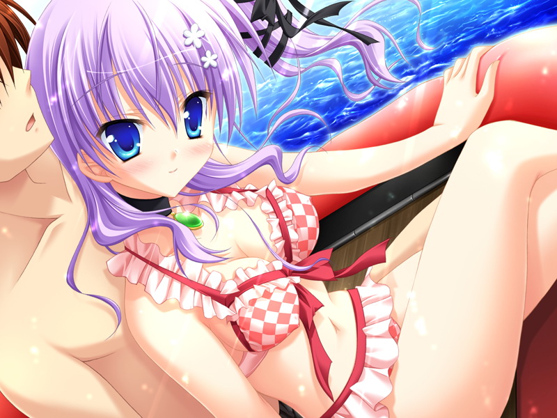 moribe (rabumanyo), hatsuji mihama, mihama hitsuji, natsu yume nagisa, 1boy, 1girl, bikini, blue eyes, breasts, checkered bikini, checkered clothes, cleavage, frilled bikini, frills, front-tie top, hair ornament, hairpin, long hair, purple hair, raft, solo focus, swimsuit, water
