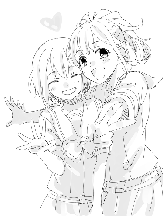 ikuhashi muiko, daitoku junna, senomiya akiho, robotics;notes, science adventure, commentary request, 1girl, 2girls, bow, braid, chest bow, chuo tanegashima high school uniform, cropped shirt, greyscale, half up braid, long hair, looking at viewer, monochrome, multiple girls, open mouth, pleated skirt, sailor collar, school uniform, shirt, short sleeves, skirt, smile, v, white sailor collar