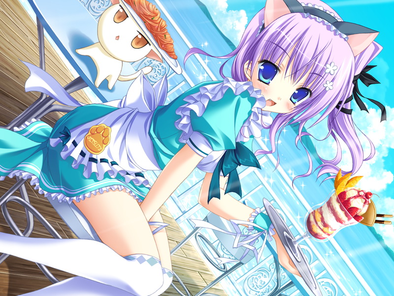 moribe (rabumanyo), hatsuji mihama, mihama hitsuji, natsu yume nagisa, game cg, 1girl, animal ears, blue eyes, cat, cat ears, chair, day, fake animal ears, fang, female focus, food, hair ornament, hairpin, ice cream, long hair, on chair, outdoors, parfait, purple hair, sitting, solo, thighhighs, tray, waitress, white thighhighs