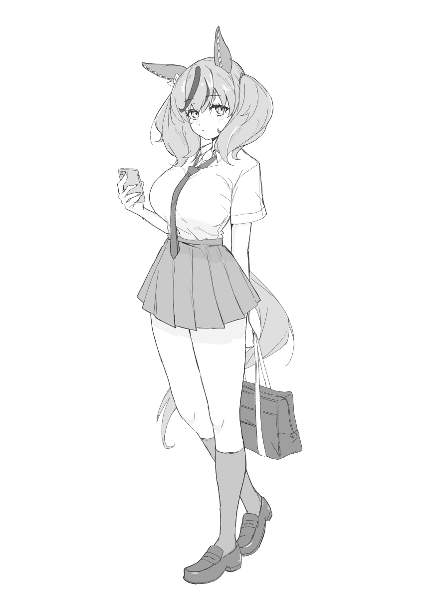takapachi.jp, nice nature (umamusume), umamusume, commentary request, highres, 1girl, alternate breast size (larger), alternate costume, animal ears, bag, breasts, brown hair, ear covers, full body, greyscale, holding, holding bag, holding phone, horse ears, horse girl, horse tail, kneehighs, large breasts, miniskirt, monochrome, multicolored hair, necktie, phone, pleated skirt, school bag, school uniform, shoes, short sleeves, skirt, socks, solo, tail, two-tone hair