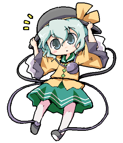 herada mitsuru, komeiji koishi, touhou, silver hair, lowres, 1girl, chibi, female focus, full body, grey eyes, hat, jacket, oekaki, short hair, simple background, skirt, solo, white background