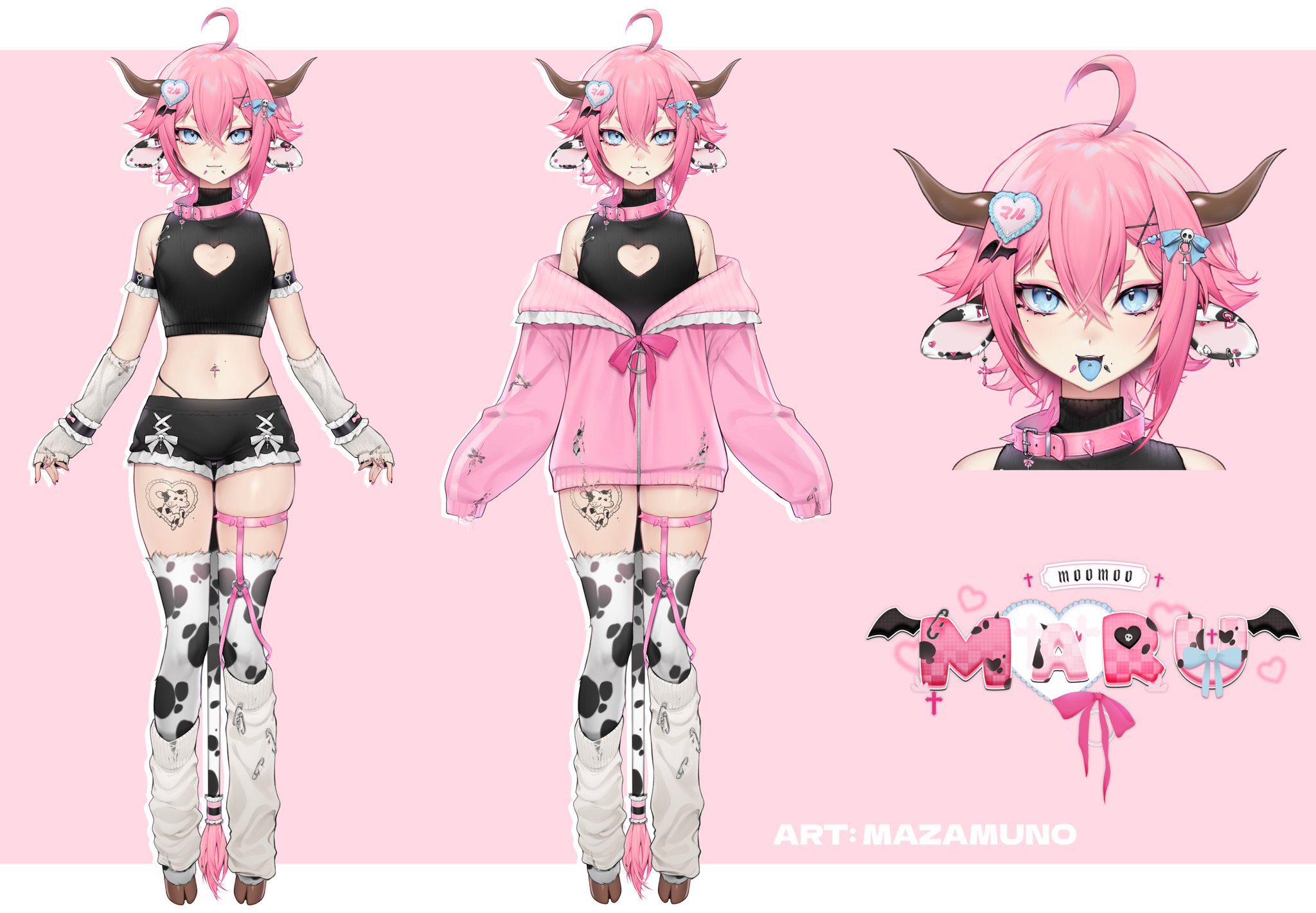 mazamuno, indie virtual youtuber, commentary, english commentary, highres, second-party source, 1boy, ahoge, animal ears, animal print, bare shoulders, black shorts, blue eyes, blue tongue, closed mouth, clothing cutout, colored tongue, cow boy, cow ears, cow horns, cow print, cow print thighhighs, cow tail, crop top, crossed bangs, double-parted bangs, hair between eyes, hair ornament, heart, heart cutout, heart hair ornament, horns, jacket, jacket partially removed, long sleeves, looking at viewer, male focus, moomoomaru (vtuber), multiple views, open mouth, panty straps, partially unzipped, piercing, pink background, pink hair, pink jacket, print thighhighs, reference sheet, short hair, short shorts, shorts, sleeves past fingers, sleeves past wrists, smile, tail, thighhighs, thighs, tongue, tongue out, tongue piercing, trap, v-shaped eyebrows, virtual youtuber, white arm warmers, x hair ornament