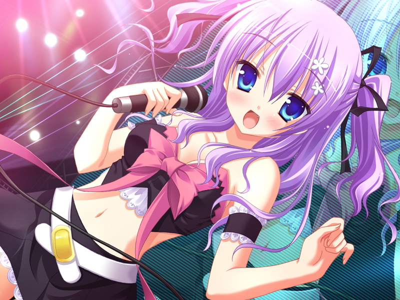 moribe (rabumanyo), hatsuji mihama, mihama hitsuji, natsu yume nagisa, 1girl, blue eyes, female focus, long hair, microphone, purple hair, solo