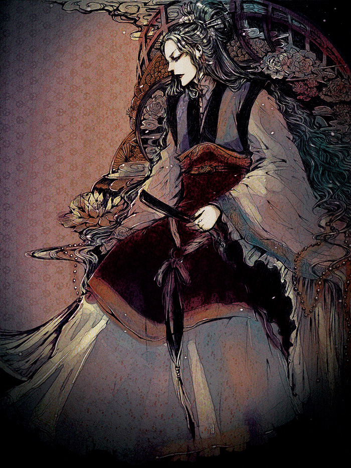 lei (artist), hanou, juuni kokuki, bad id, bad pixiv id, gender request, androgynous, chinese clothes, dark, faux traditional media, hair ornament, hanfu, solo, throne