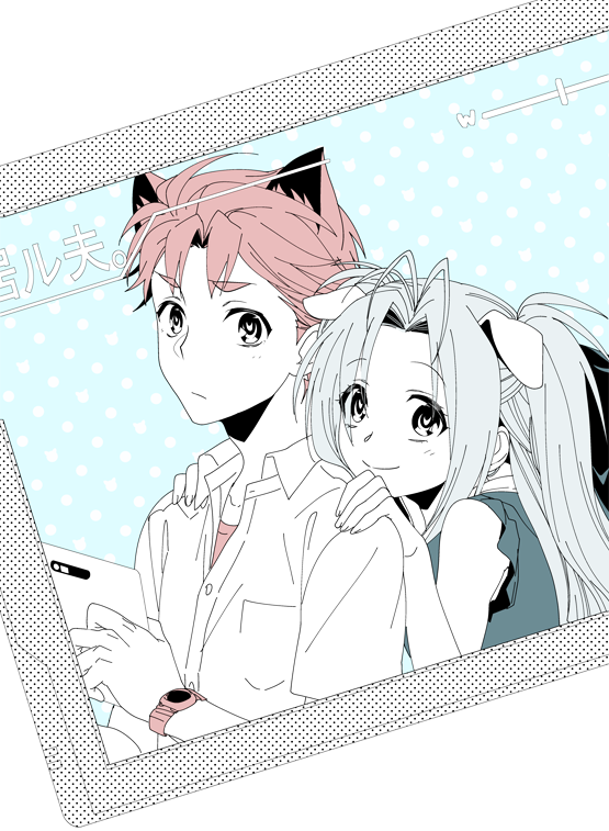 ikuhashi muiko, yashio kaito, yukifune airi, robotics;notes, science adventure, commentary request, 1boy, 1girl, animal ears, blush, breast pocket, cat ears, cellphone, chuo tanegashima high school uniform, dog ears, dress shirt, grey hair, holding, long hair, looking at viewer, monochrome, open collar, phone, pocket, red hair, red shirt, ribbon, school uniform, shirt, shirt under shirt, short hair, smile, t-shirt, tablet pc, watch, white shirt, wristwatch