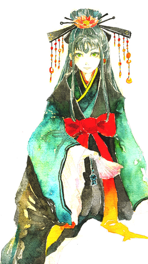 shushou (juuni kokuki), juuni kokuki, tagme, traditional media, chinese clothes, folding fan, hair ornament, hand fan, hanfu, holding, holding fan, solo