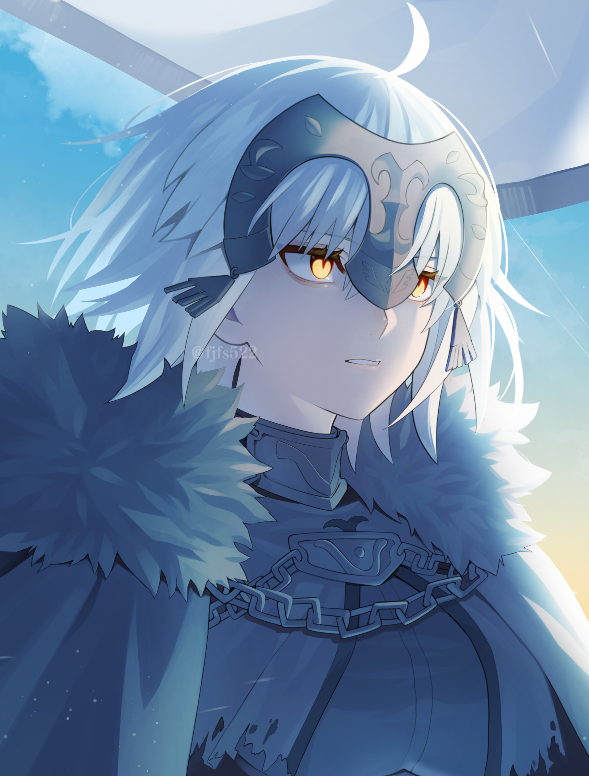 fjfs522, jeanne d'arc alter (fate), fate/grand order, fate (series), absurdres, commentary, highres, symbol-only commentary, 1girl, ahoge, armor, armored dress, artist name, breasts, chain, dress, hair between eyes, headpiece, short hair, solo, twitter username, white hair, yellow eyes