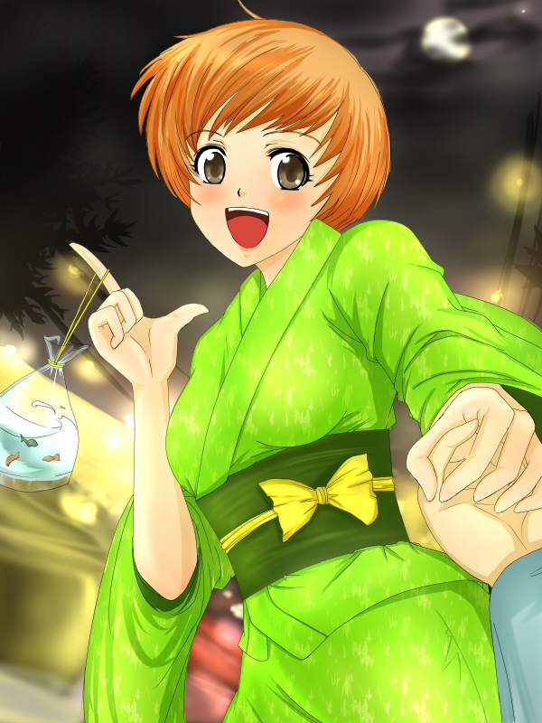 suta furachina, satonaka chie, atlus, persona, persona 4, 1girl, bag, bagged fish, brown eyes, brown hair, crescent moon, female focus, festival, fish, from below, goldfish, green kimono, japanese clothes, kimono, moon, short hair, solo, yukata