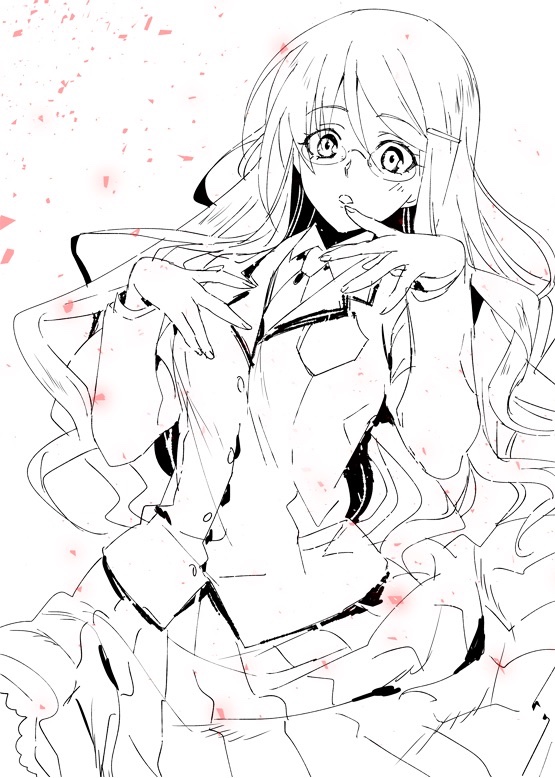 ikuhashi muiko, kusunoki yua, chaos;head, science adventure, commentary request, 1girl, blazer, blush, dress shirt, glasses, greyscale, hair ornament, hairpin, jacket, lapels, long hair, long skirt, looking at viewer, monochrome, notched lapels, petals, pleated skirt, round eyewear, school uniform, shirt, skirt, solo, suimei academy school uniform, very long hair