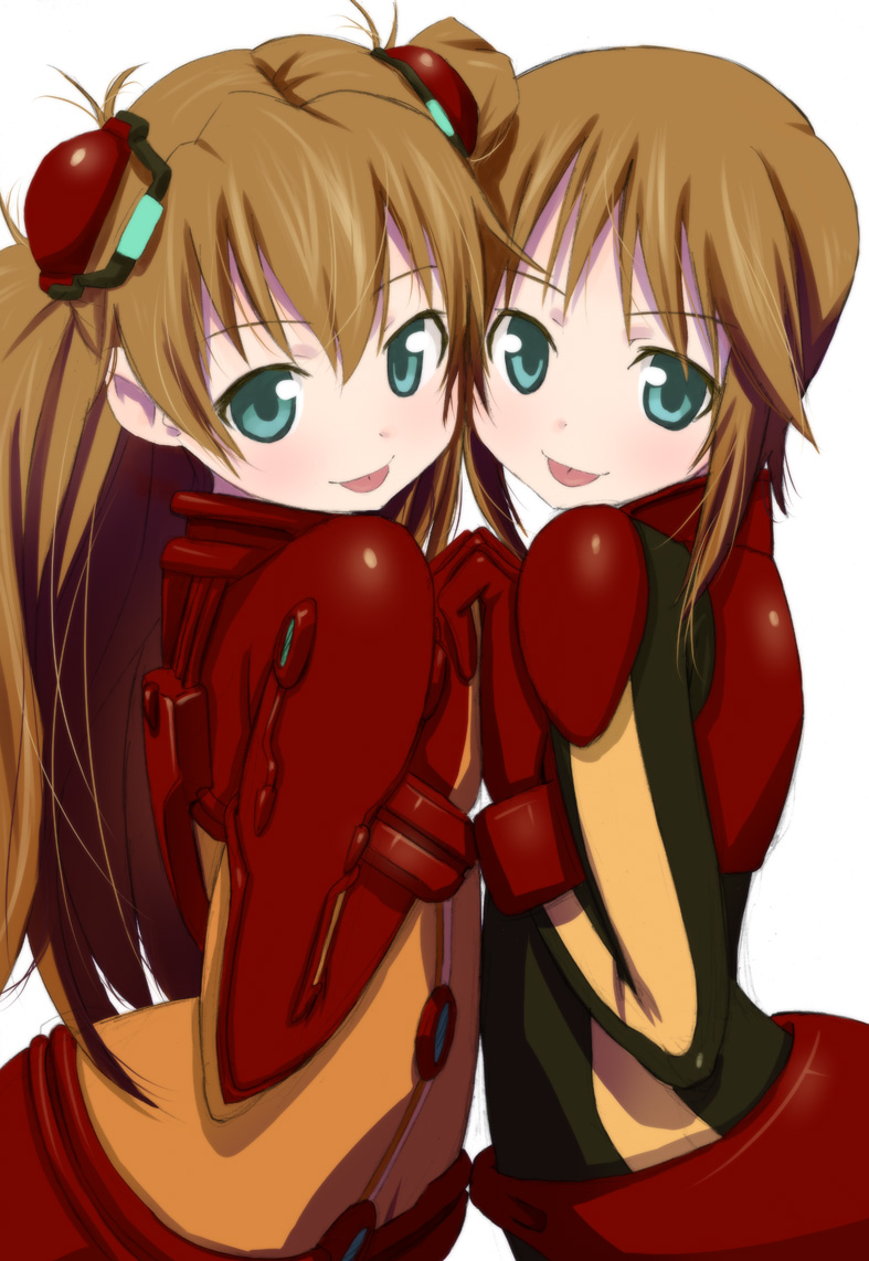 futari no ana, wadapen, puru two, souryuu asuka langley, evangelion: 2.0 you can (not) advance, gundam, gundam zz, neon genesis evangelion, rebuild of evangelion, 00s, 2girls, :p, aqua eyes, arched back, bodysuit, brown hair, holding hands, mecha pilot suit, multiple girls, normal suit (gundam), plugsuit (evangelion), test plugsuit (evangelion), tongue, tongue out, twintails